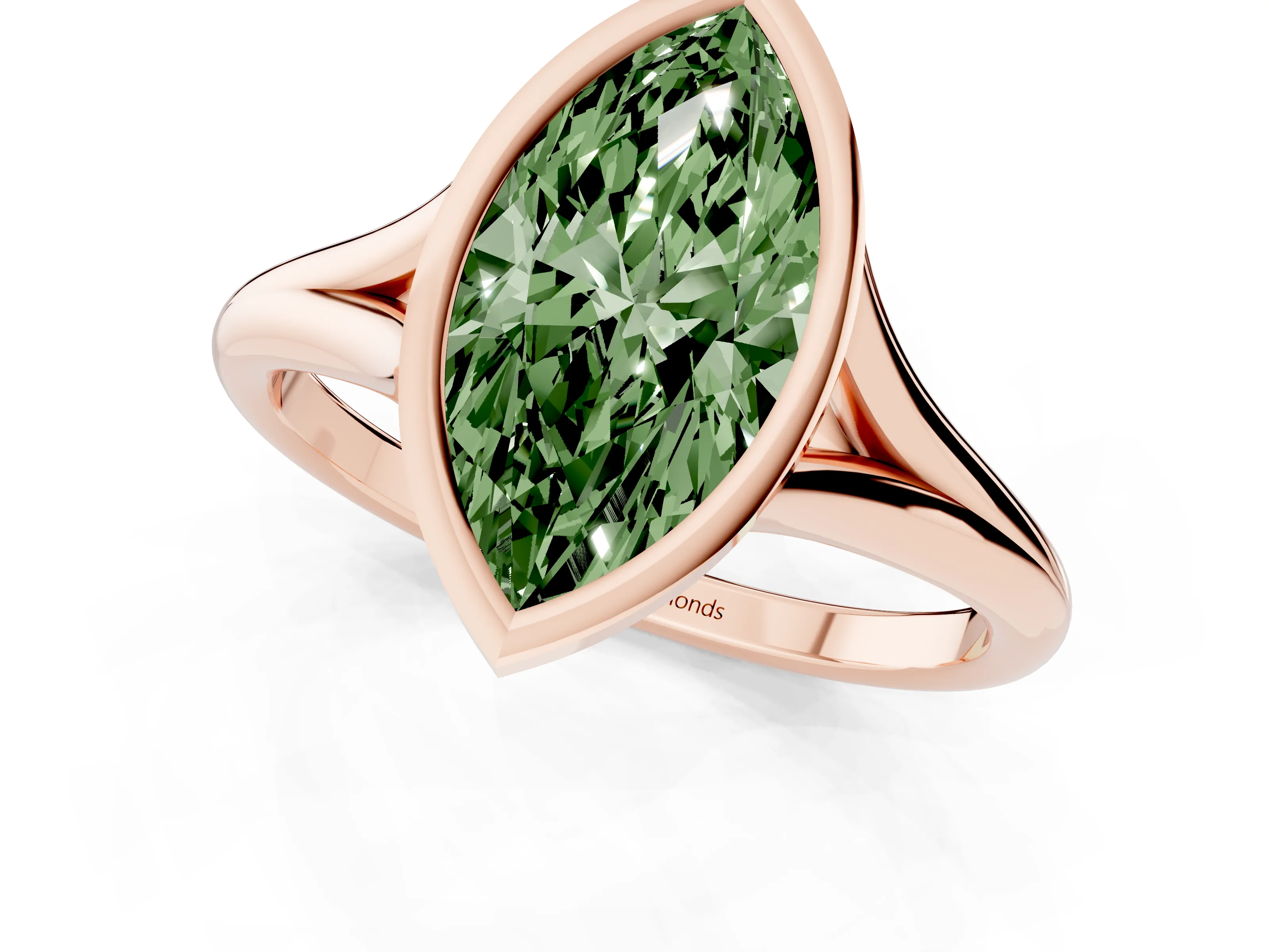 Fancy Green Bezel Set Marquise Cut Diamond Solitaire Ring Set in Rose gold with Tapered Band