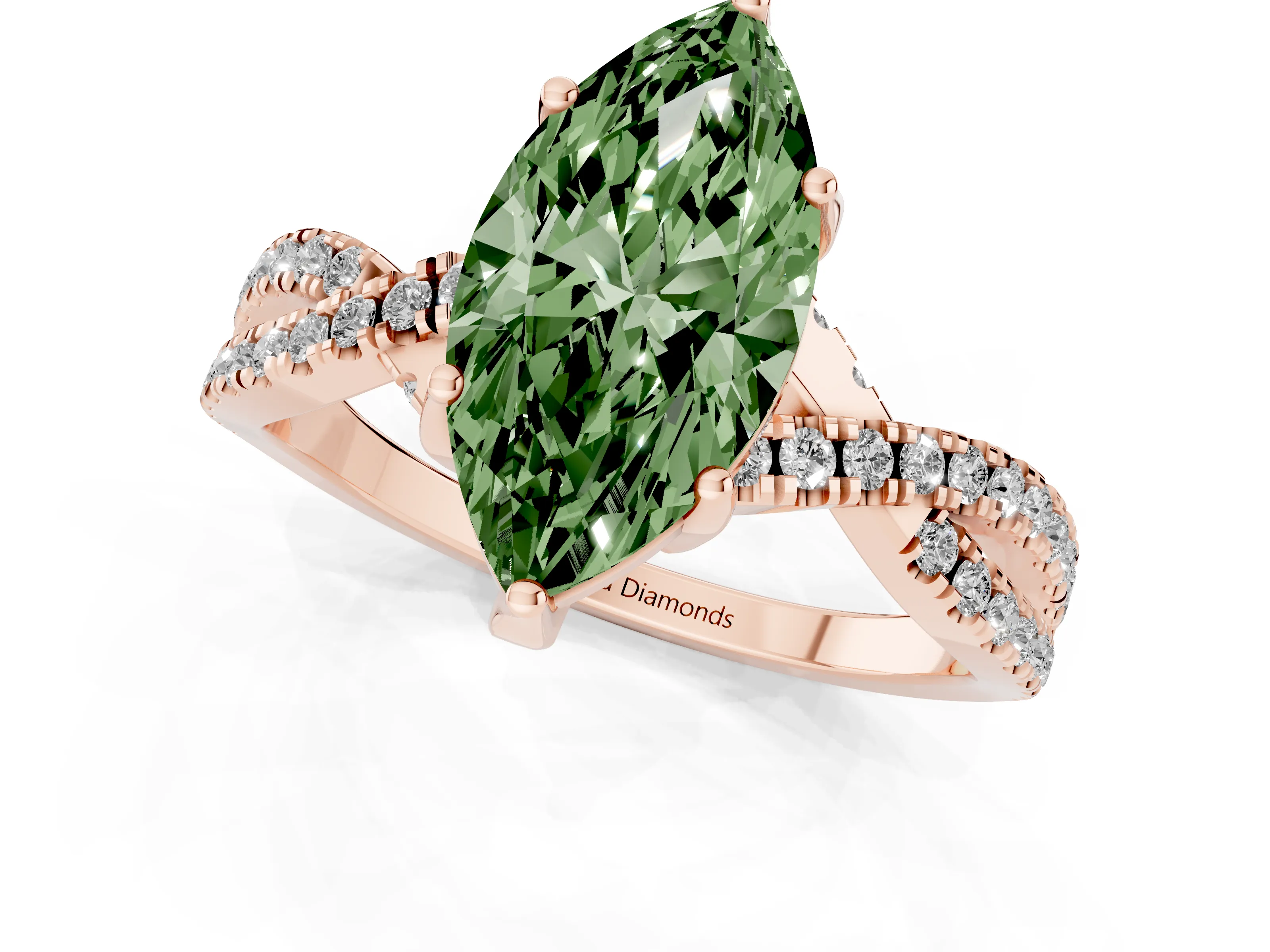 Fancy Green Marquise Cut Diamond Twist Pavé Solitaire Engagement Ring Set in Rose gold with Prong Setting