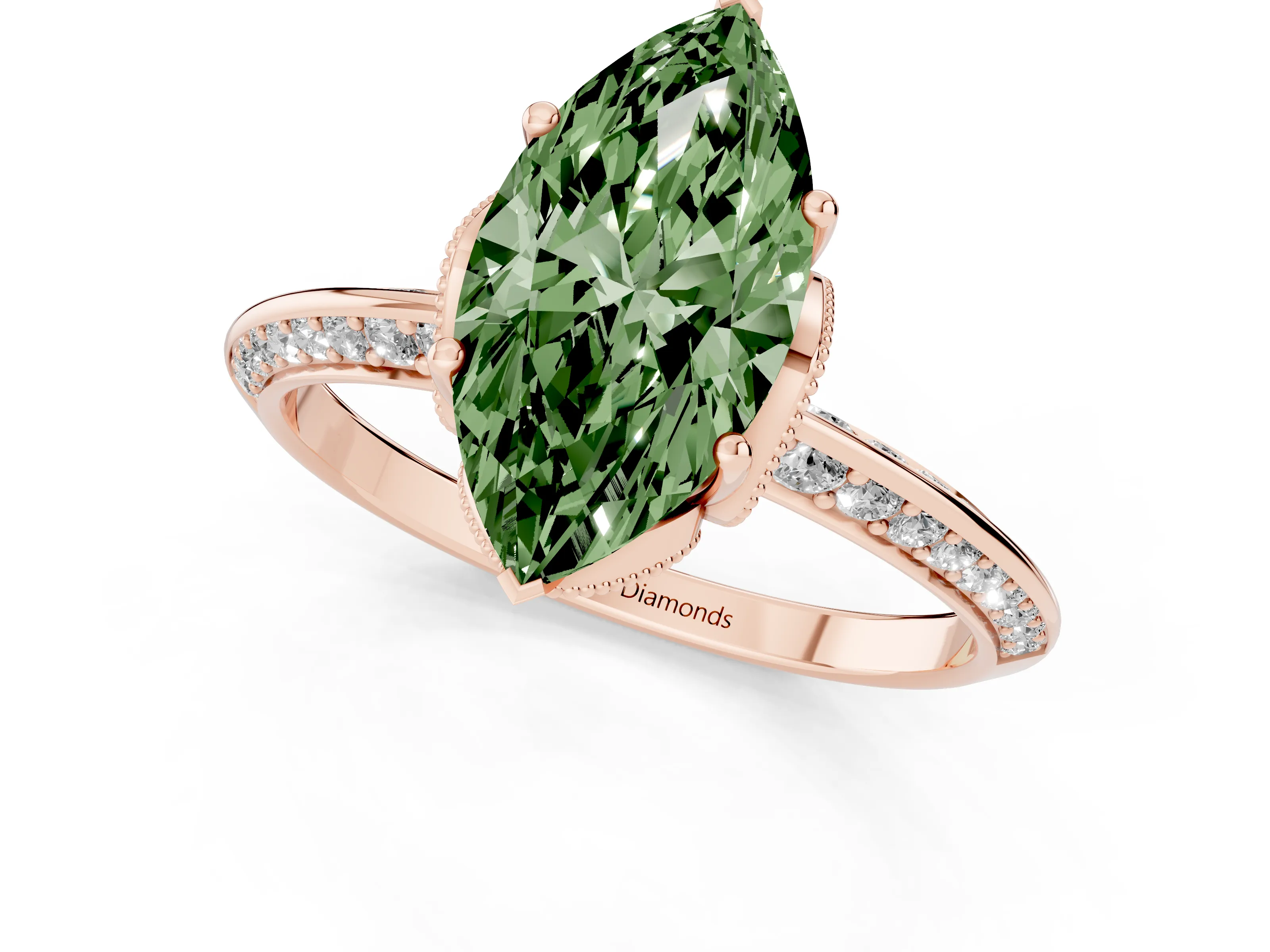 Fancy Green Marquise Cut Diamond Solitaire Engagement Ring Set in Rose gold with Pavé Split Shank and Prong Setting