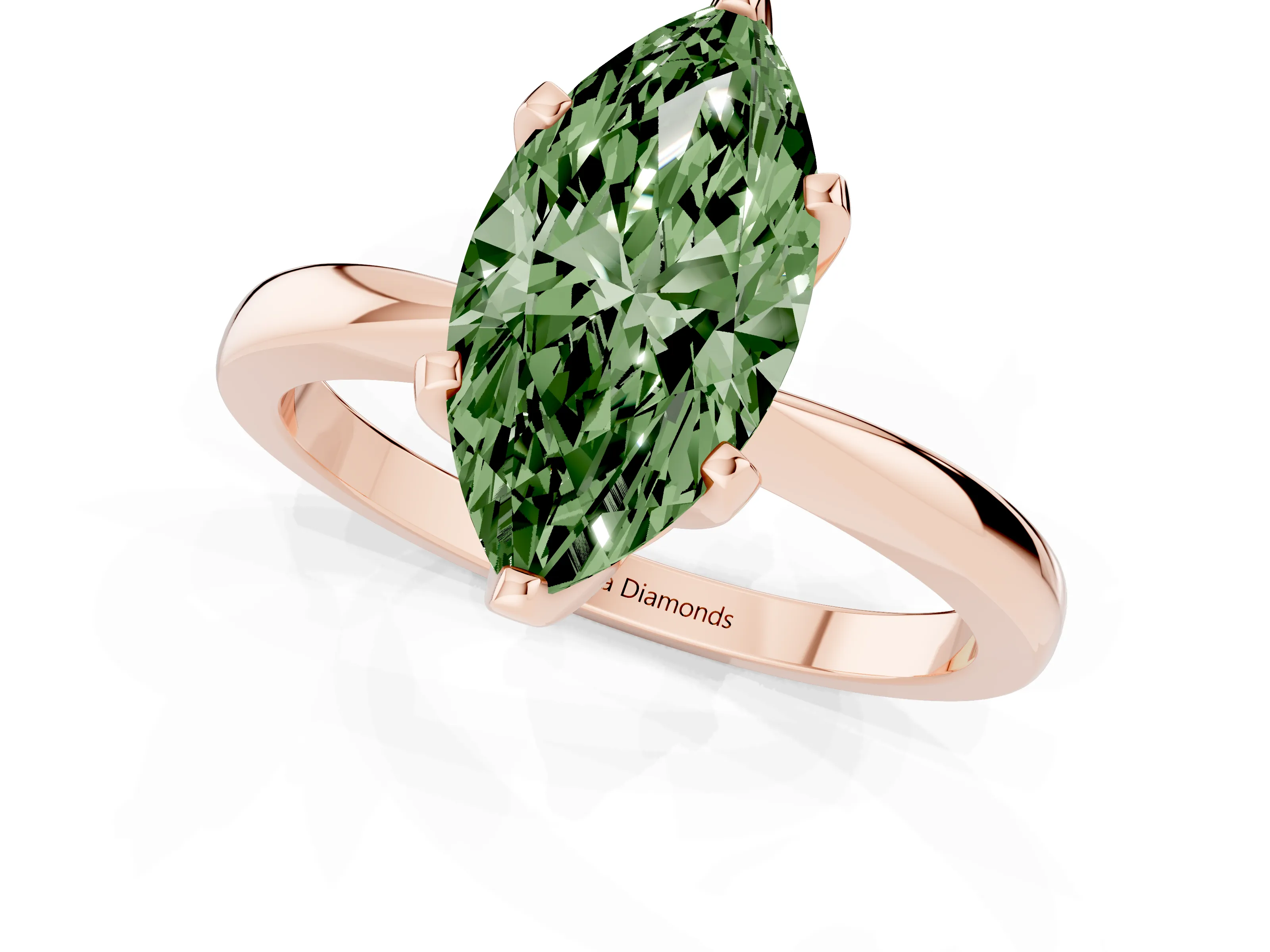Fancy Green Marquise Cut Diamond Solitaire Engagement Ring Set in Rose gold with Slim Tapered Solitaire Band