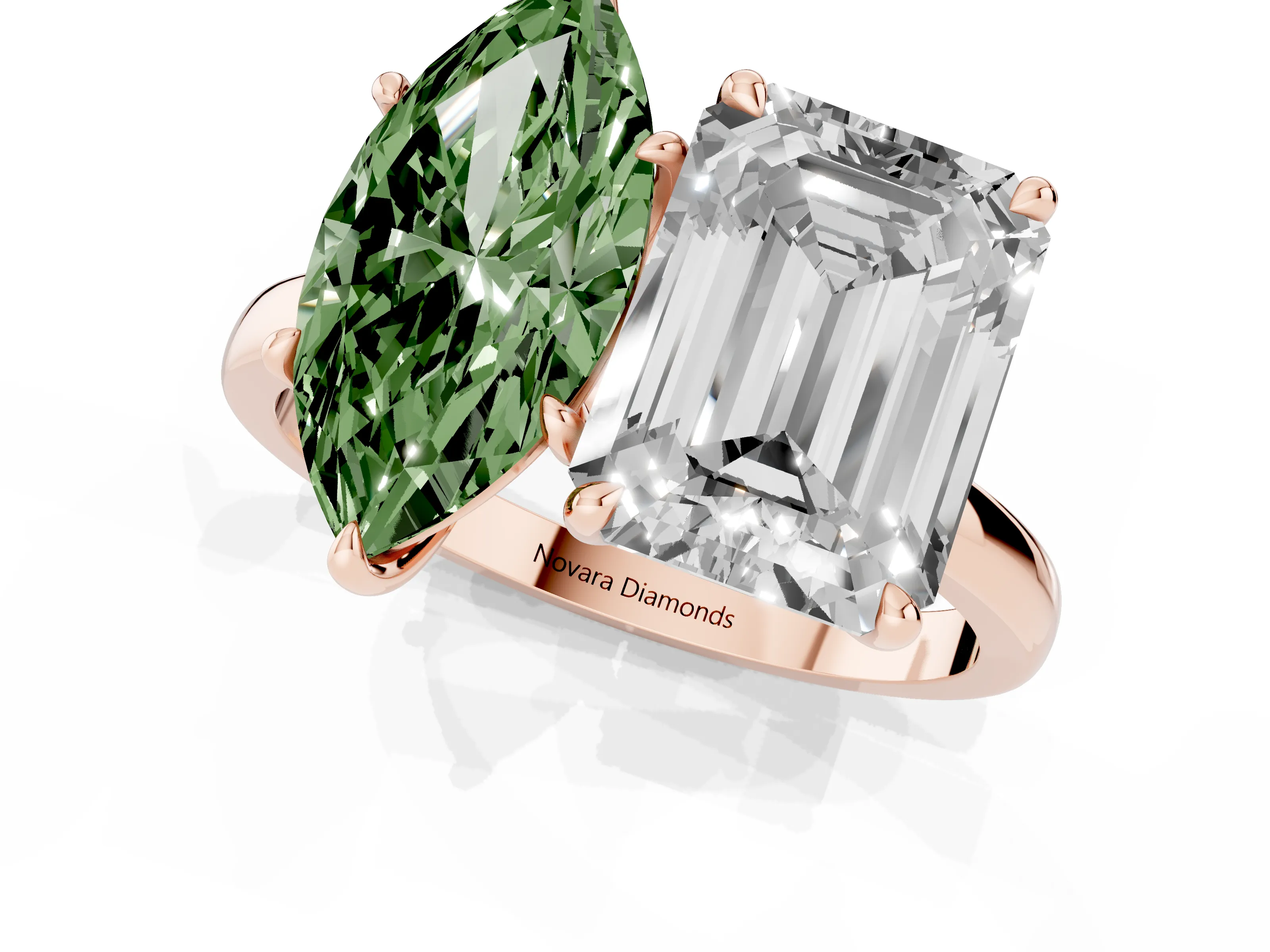 Fancy Green Marquise Cut and Emerald Cut Toi Moi Ring Set in Rose gold with Prong Setting