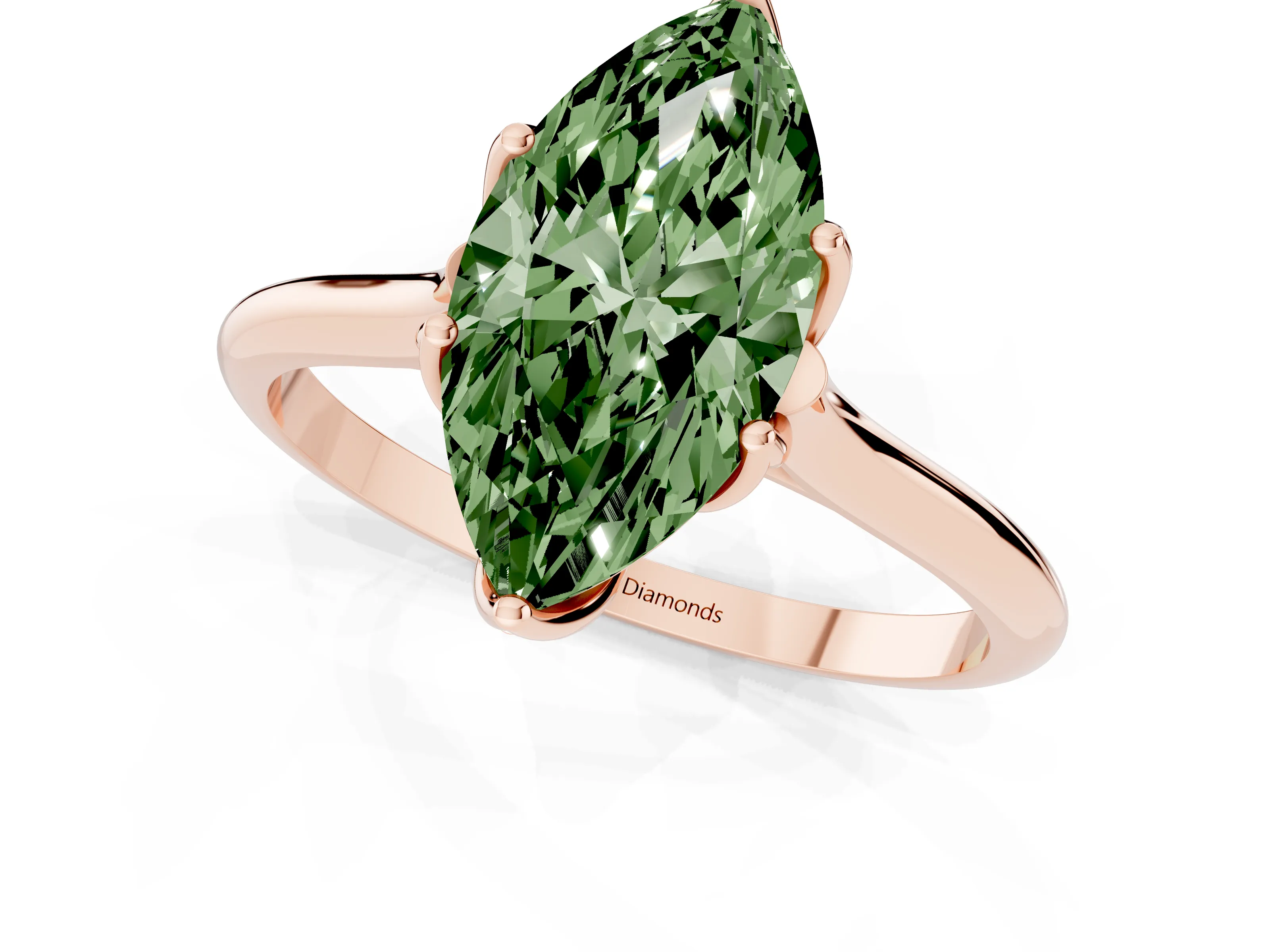 Fancy Green Marquise Cut Diamond Solitaire Cathedral Ring Set in Rose gold with Prong Setting