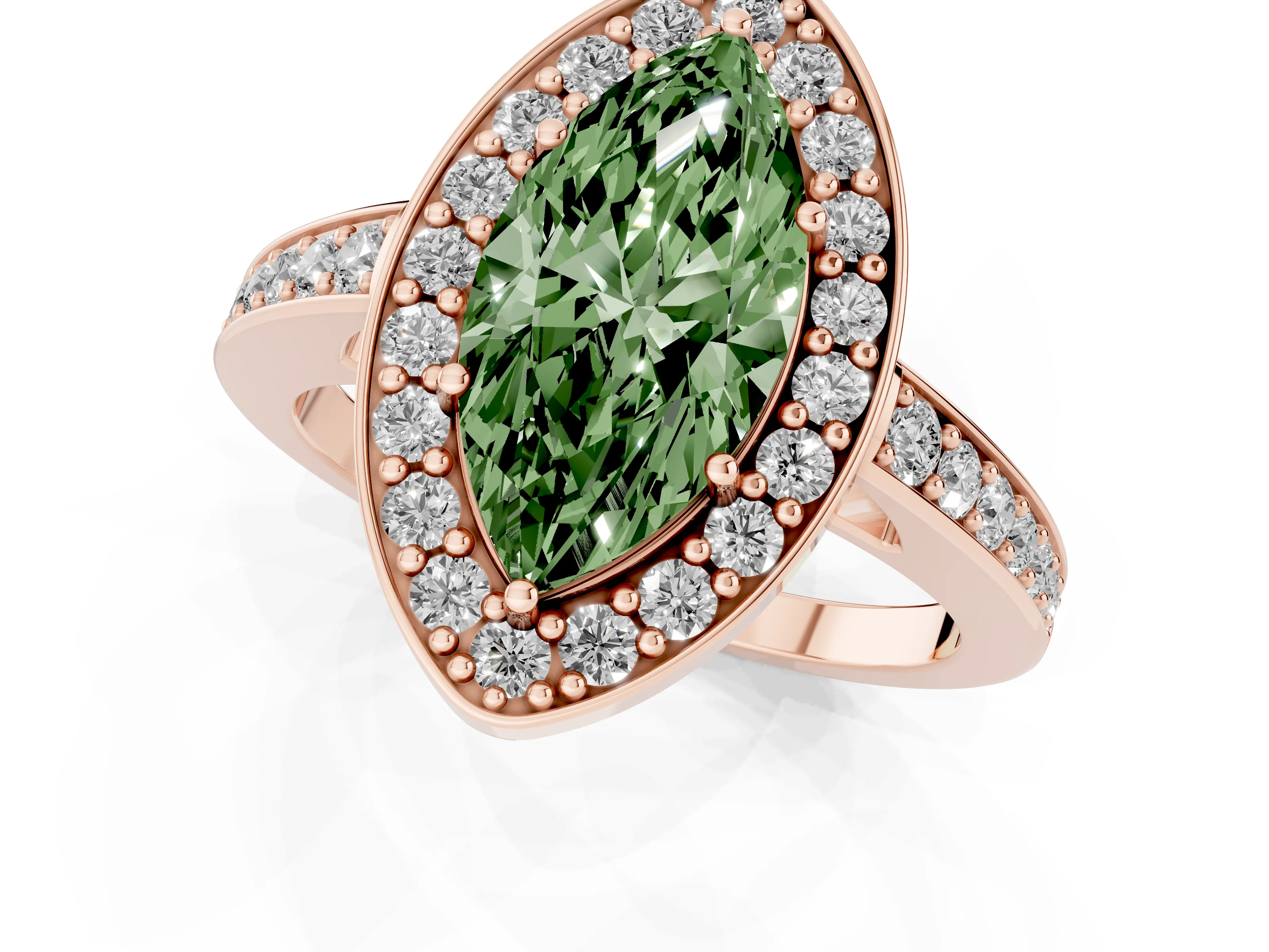 Fancy Green Marquise Cut Diamond Halo Pavé Engagement Ring Set in Rose gold with Bezel Setting