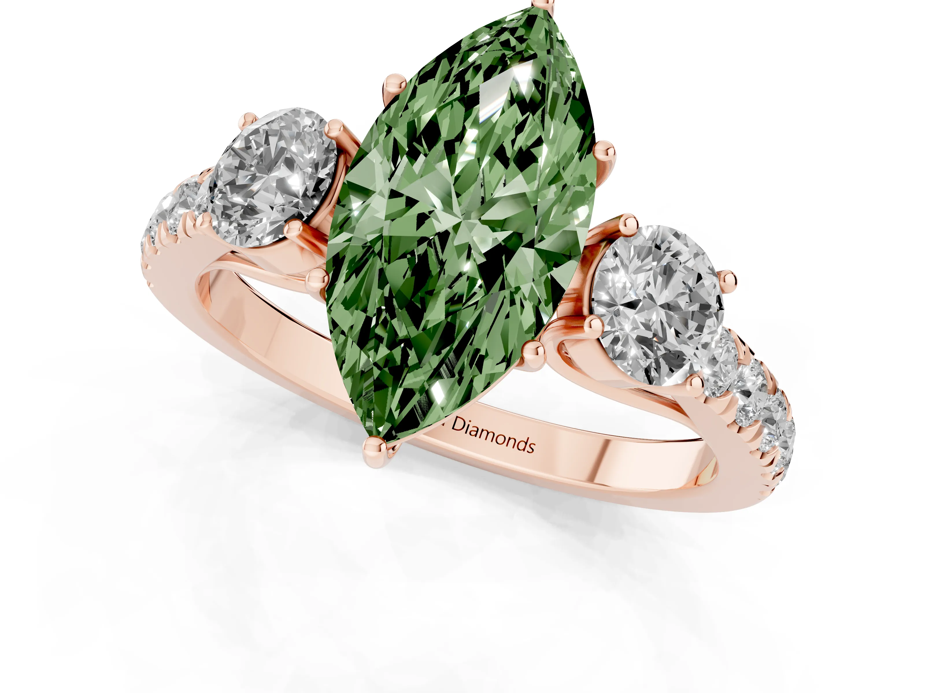 Fancy Green Marquise Cut Diamond Three-Stone Ring Set in Rose gold with Round Side Stones and Delicate Pavé Band