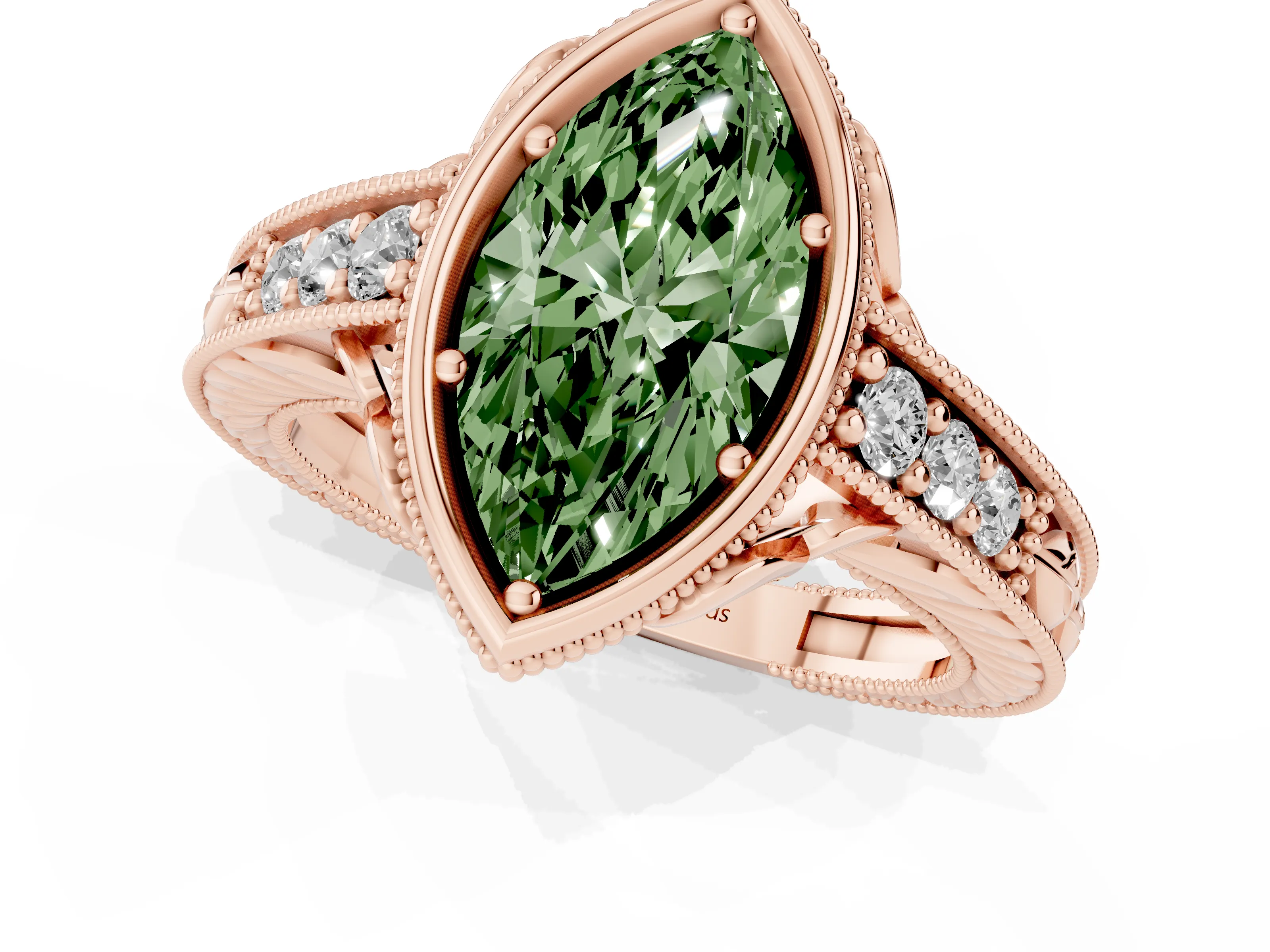 Fancy Green Bezel Set Marquise Cut Diamond Milgrain Pavé Engagement Ring Set in Rose gold