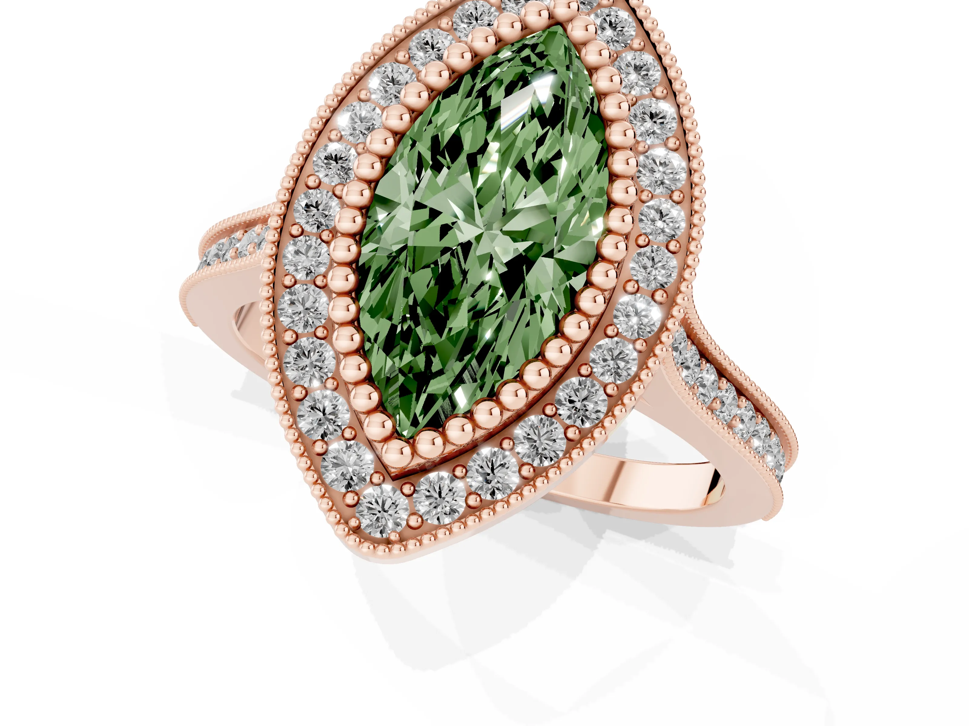 Fancy Green Marquise Cut Diamond Halo Ring Set in Rose gold with Milgrain Frame and Pavé Band
