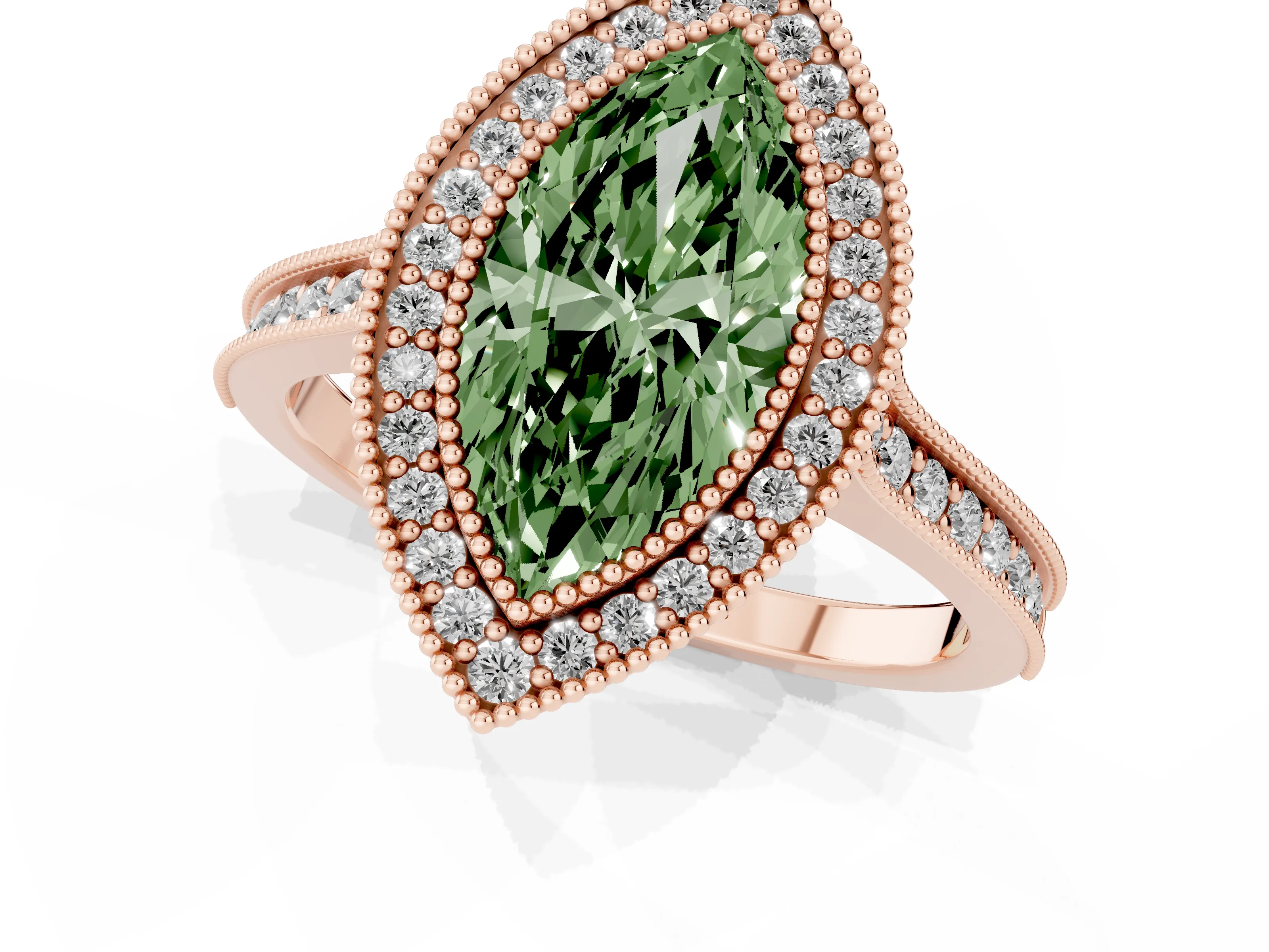 Fancy Green Marquise Cut Diamond Halo Milgrain Pavé Band Ring Set in Rose gold with Prong Setting