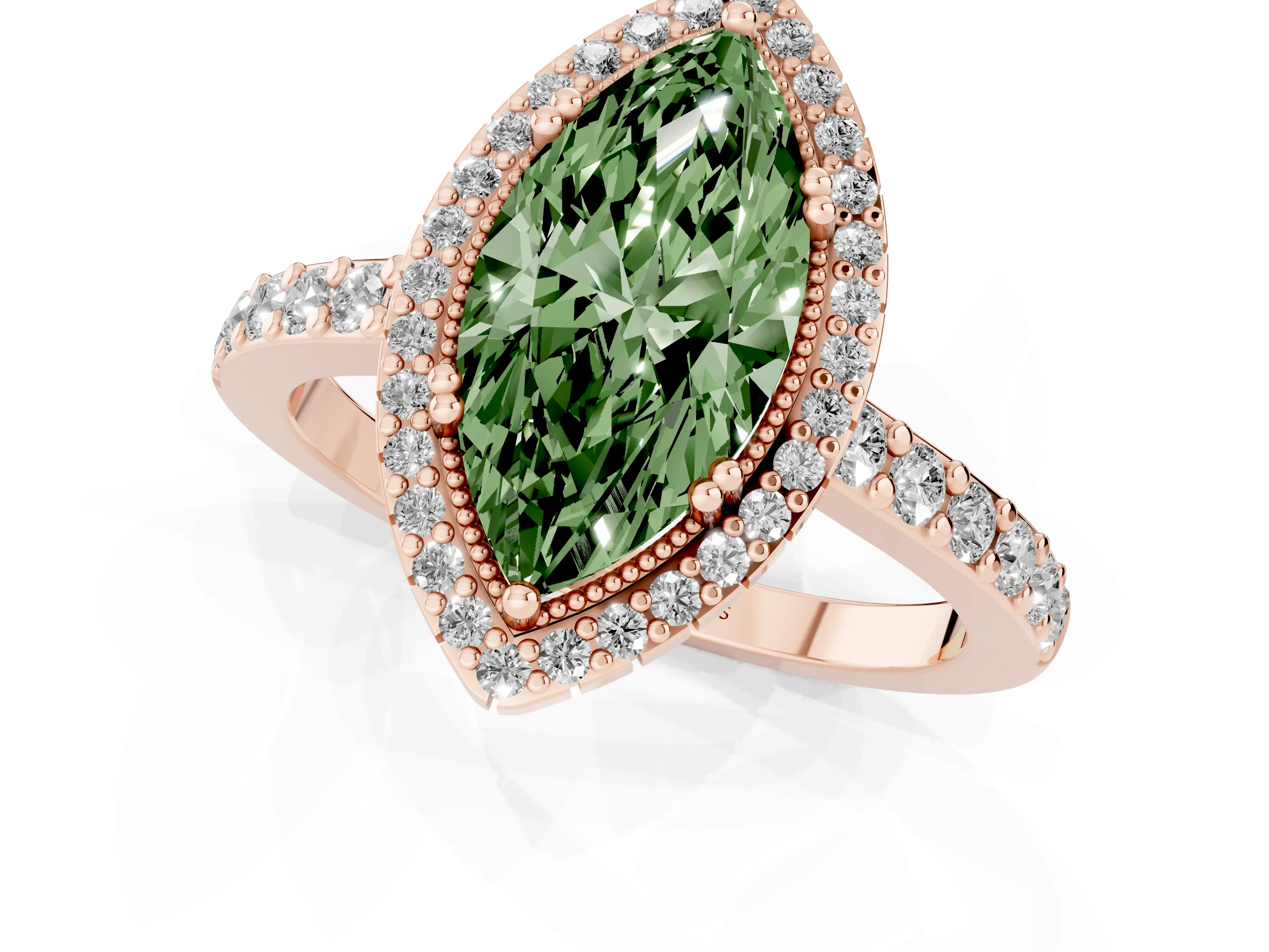 Fancy Green Marquise Cut Diamond Halo Engagement Ring Set in Rose gold with Milgrain Detail and Pavé Band