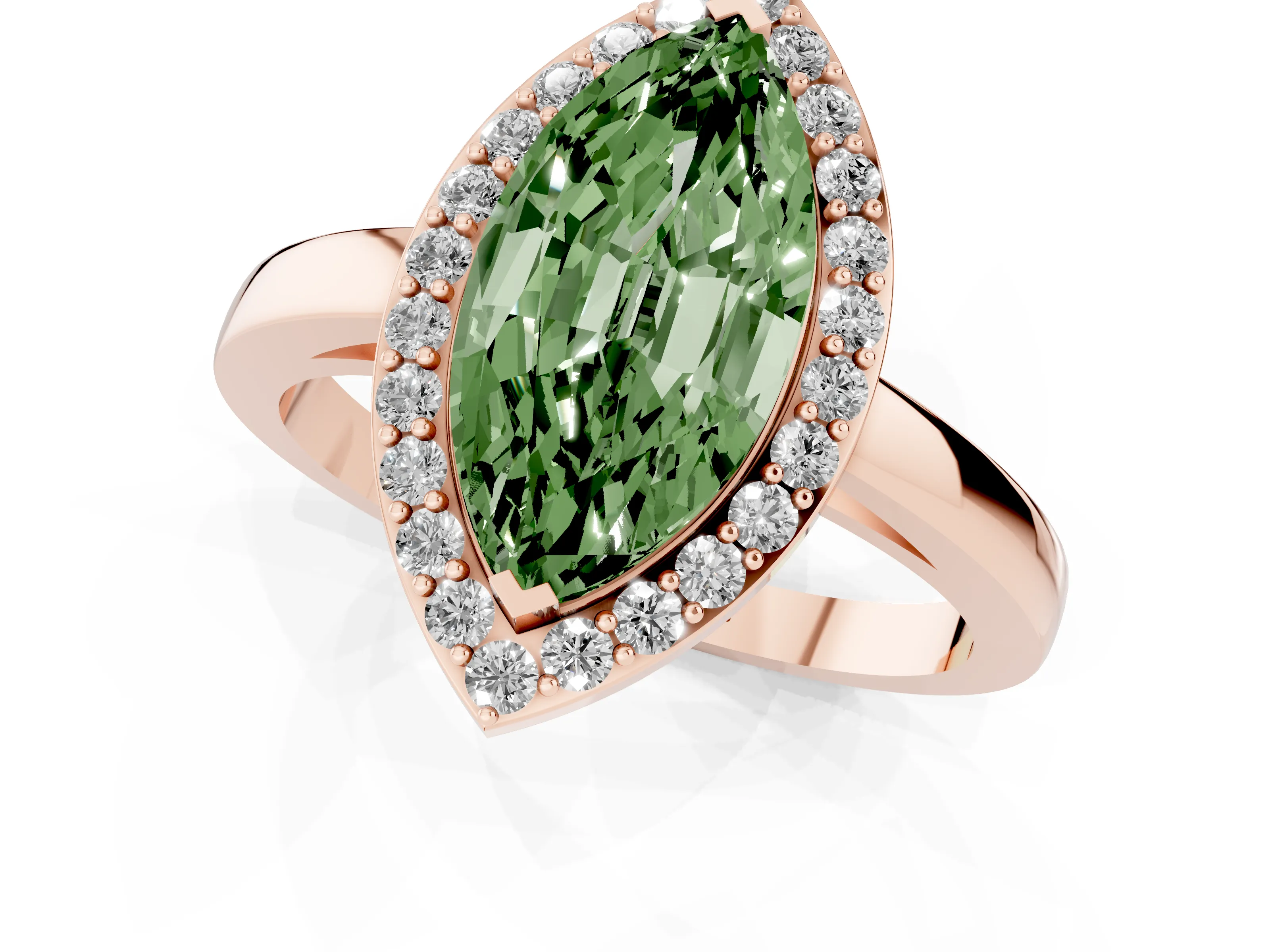 Fancy Green Marquise Cut Diamond Halo Ring Set in Rose gold with Solitaire Band and Prong Setting