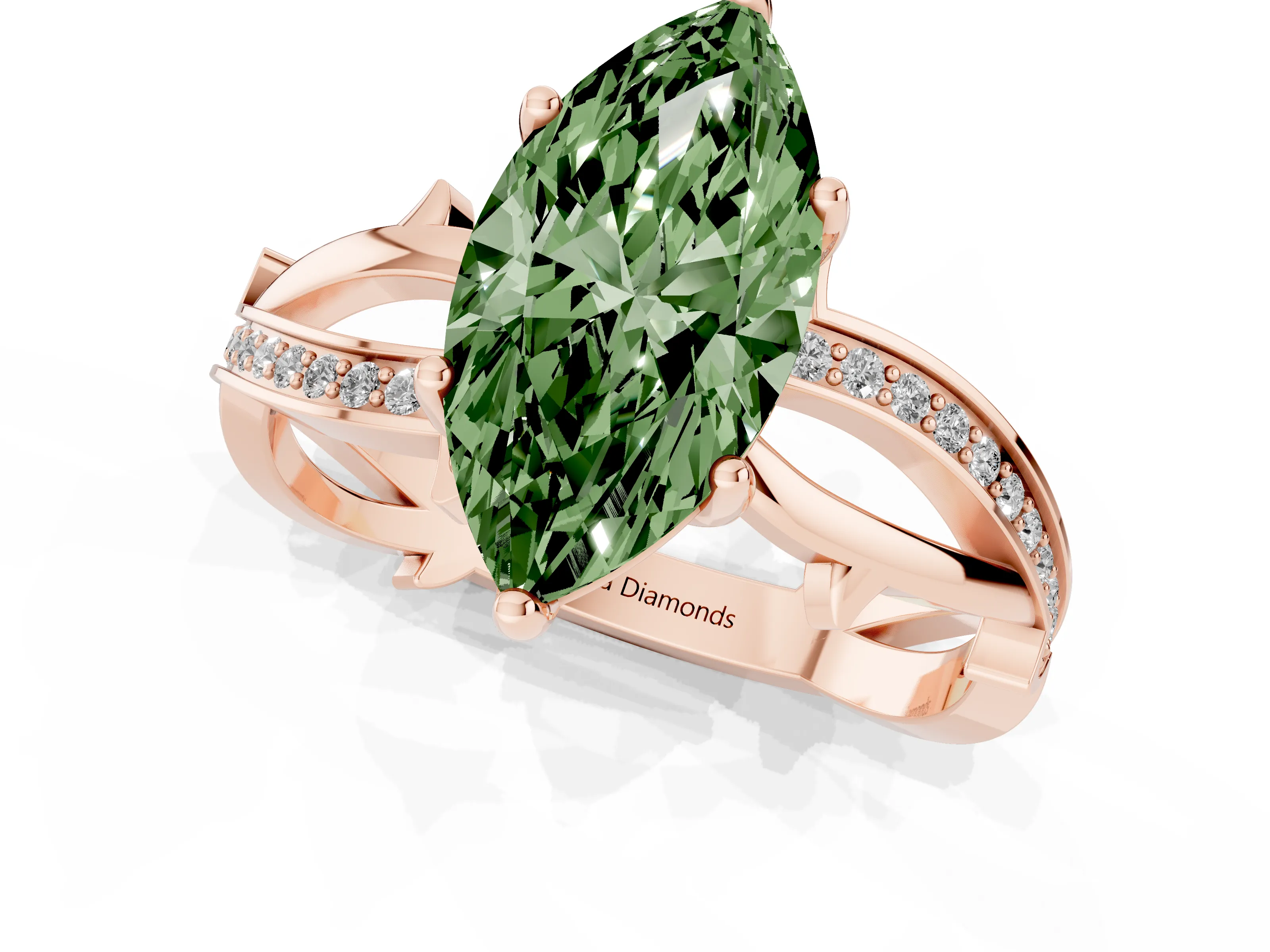 Fancy Green Marquise Cut Diamond Pavé Twist Band Solitaire Ring Set in Rose gold with Prong Setting