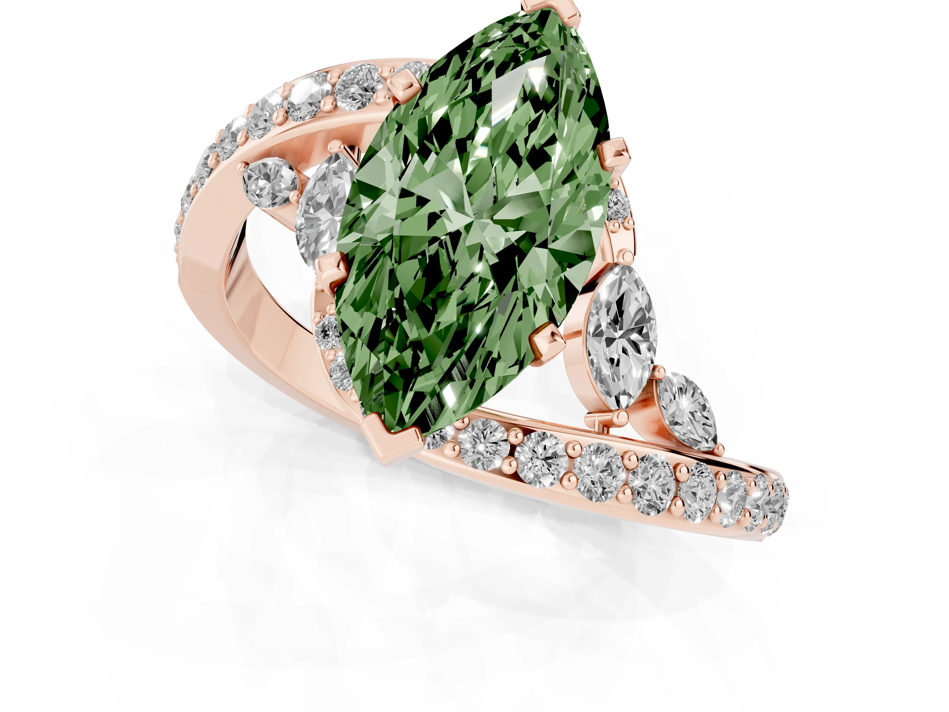 Fancy Green Marquise Cut Diamond Solitaire Ring Set in Rose gold with Pavé Twist Band and Secure Prong Setting
