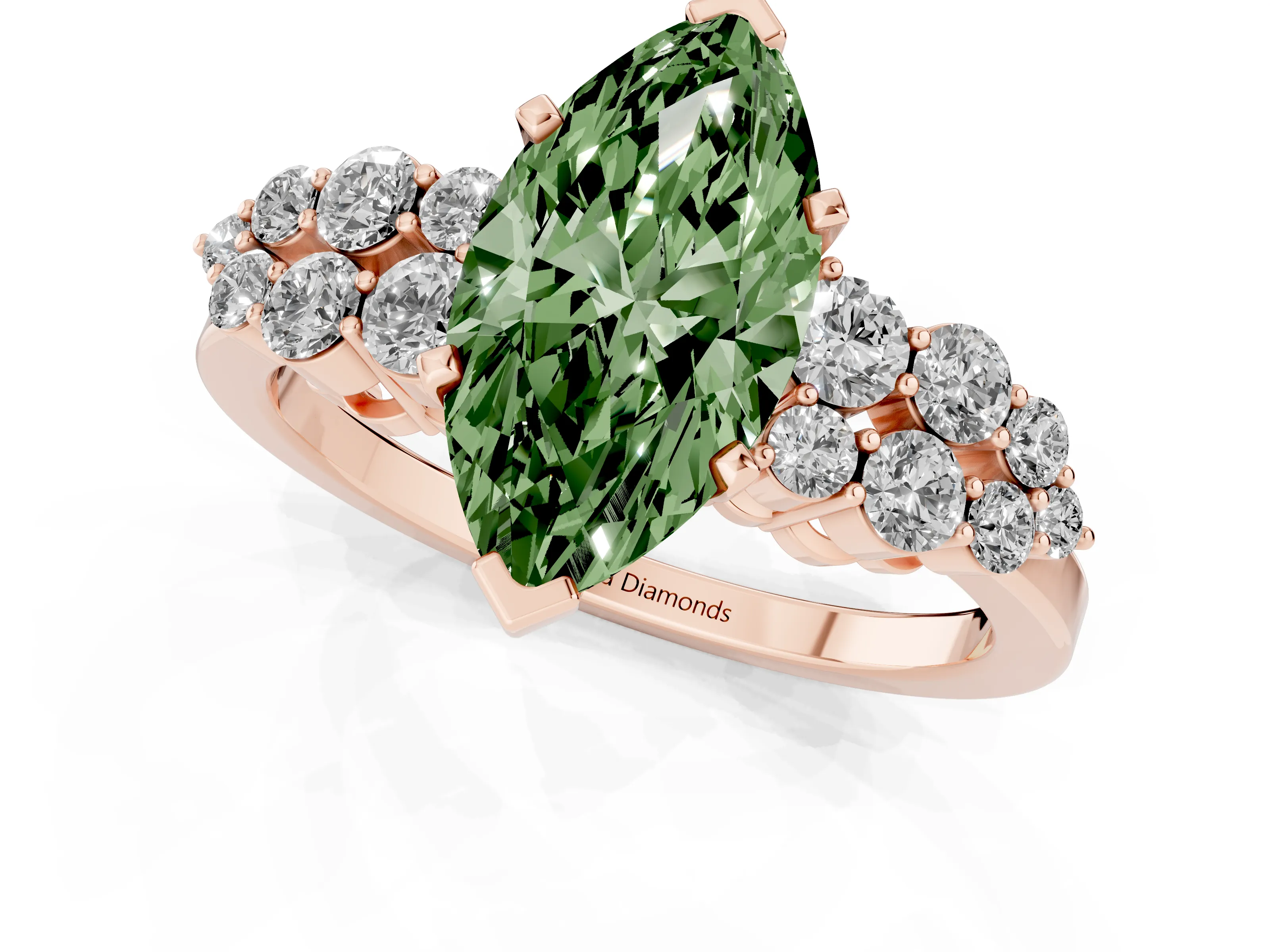 Fancy Green Marquise Cut Diamond Cluster Engagement Ring Set in Rose gold with Pavé Band and Prong Setting
