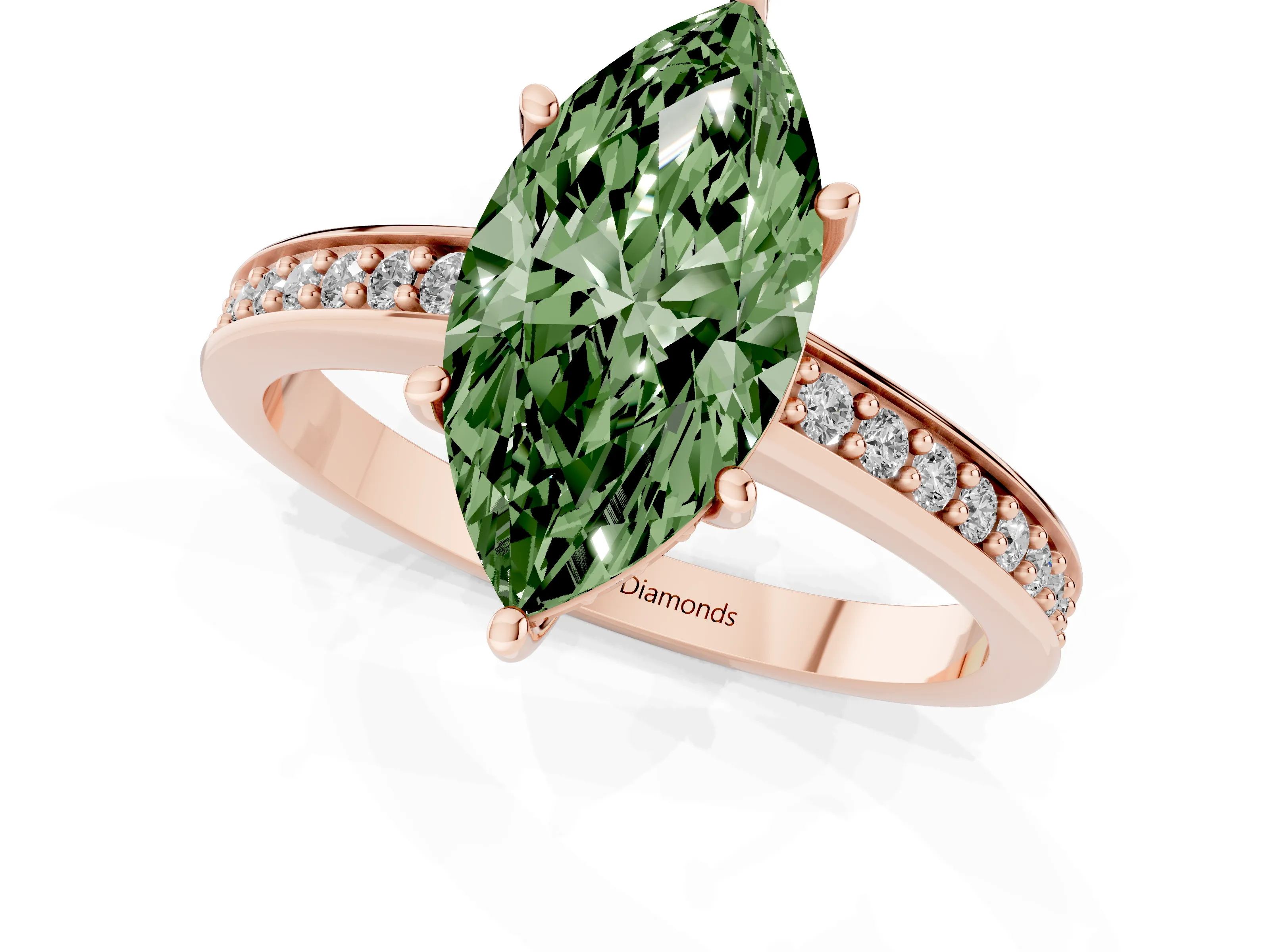 Fancy Green Marquise Cut Diamond Pavé Band Prong Set Solitaire Ring Set in Rose gold
