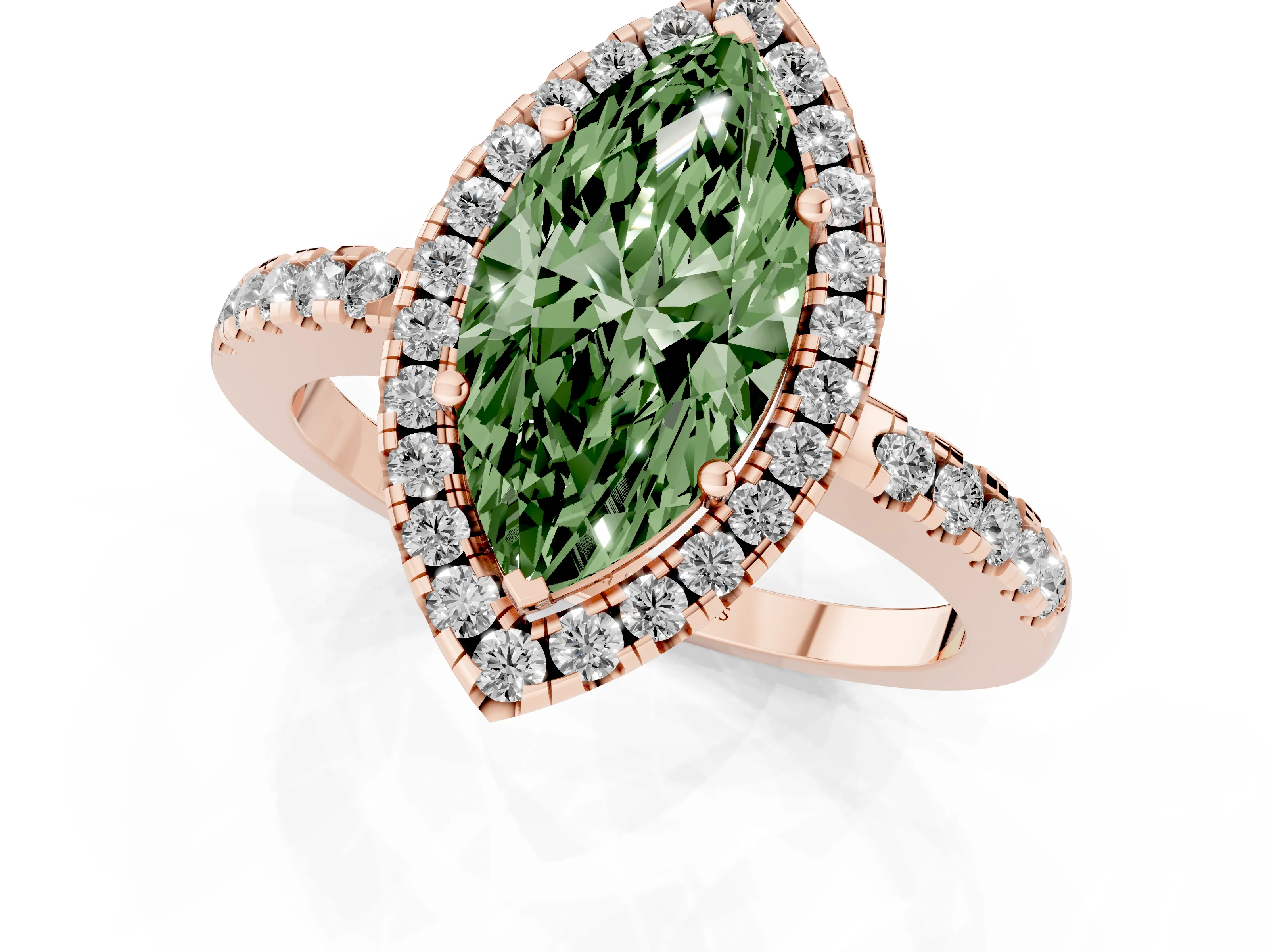 Fancy Green Marquise Cut Diamond Pavé Band Halo Engagement Ring Set in Rose gold with Prong Setting