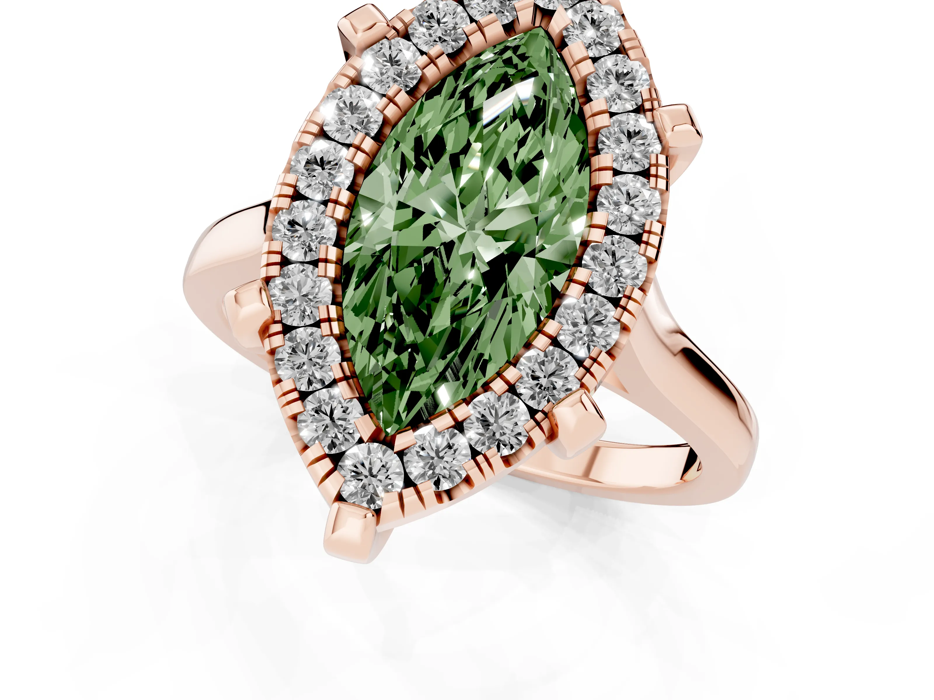 Fancy Green Marquise Cut Diamond Cluster Halo Solitaire Ring Set in Rose gold with Prong Setting