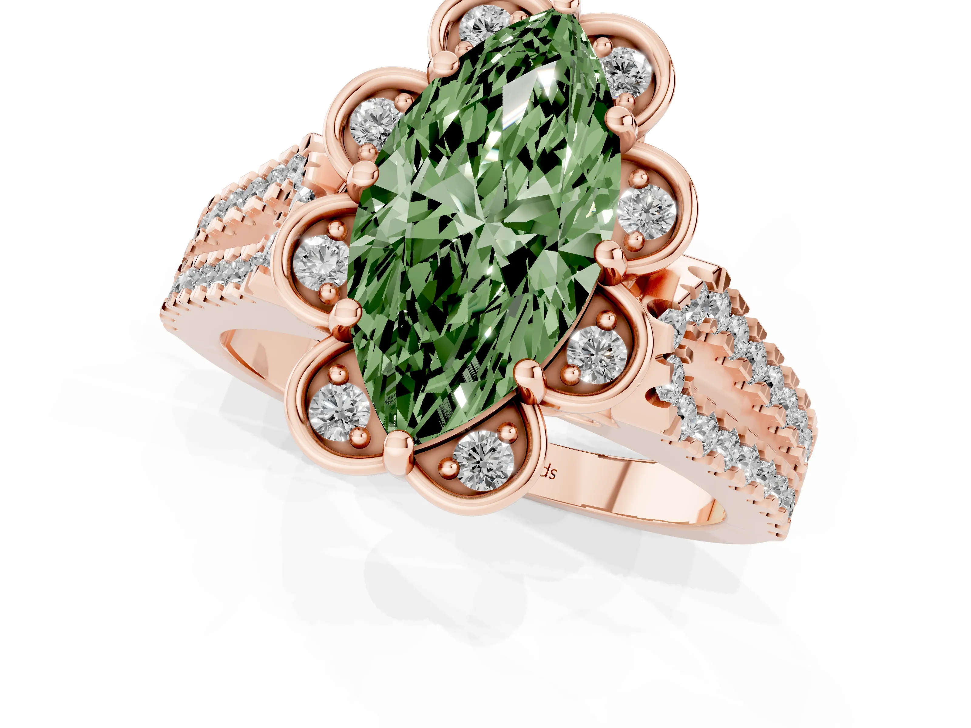 Fancy Green Marquise Cut Diamond Floral Halo Split Shank Engagement Ring Set in Rose gold with Pavé Shank