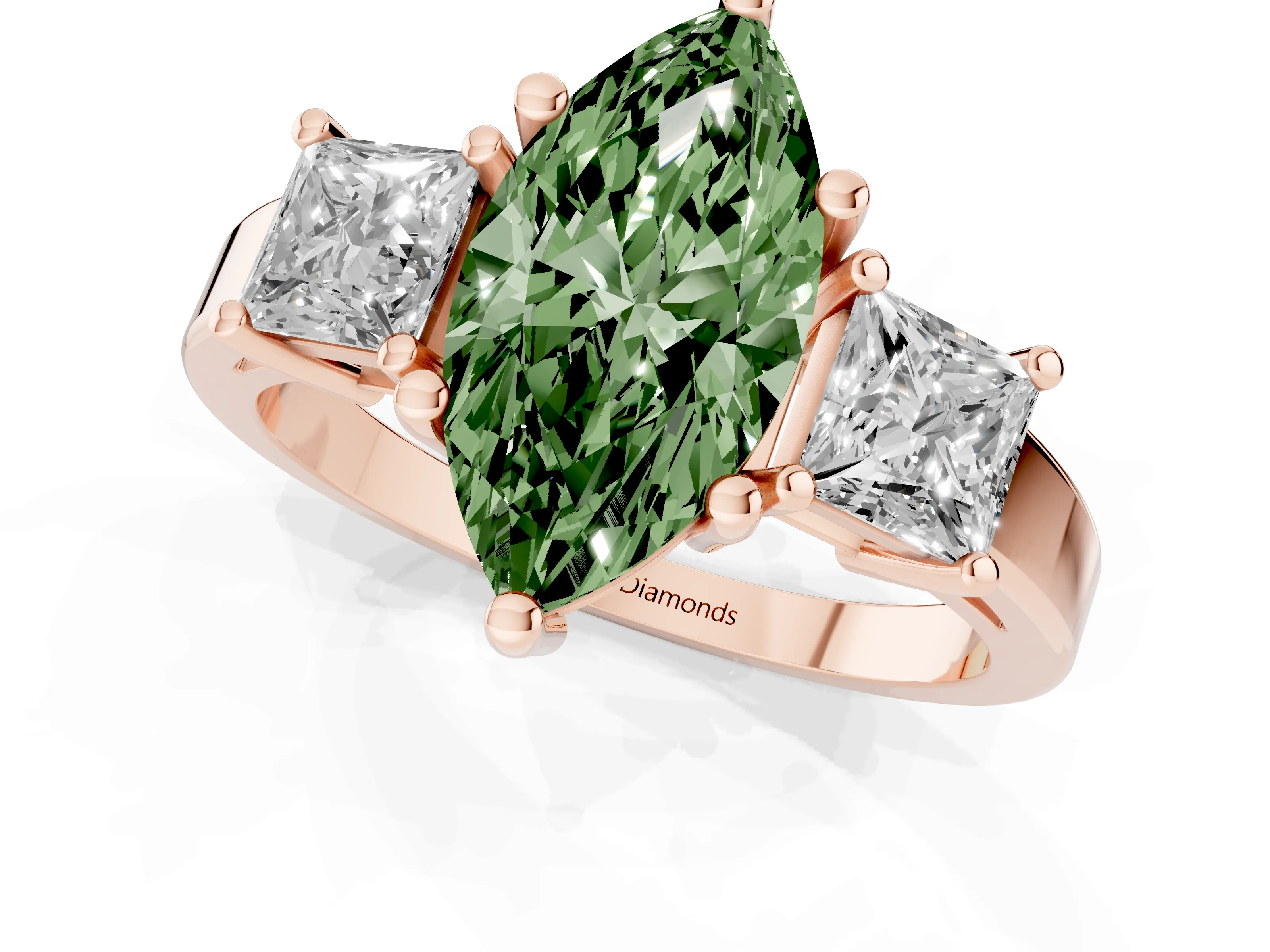 Fancy Green Three-Stone Marquise Cut Diamond Solitaire Ring Set in Rose gold with Prong Setting