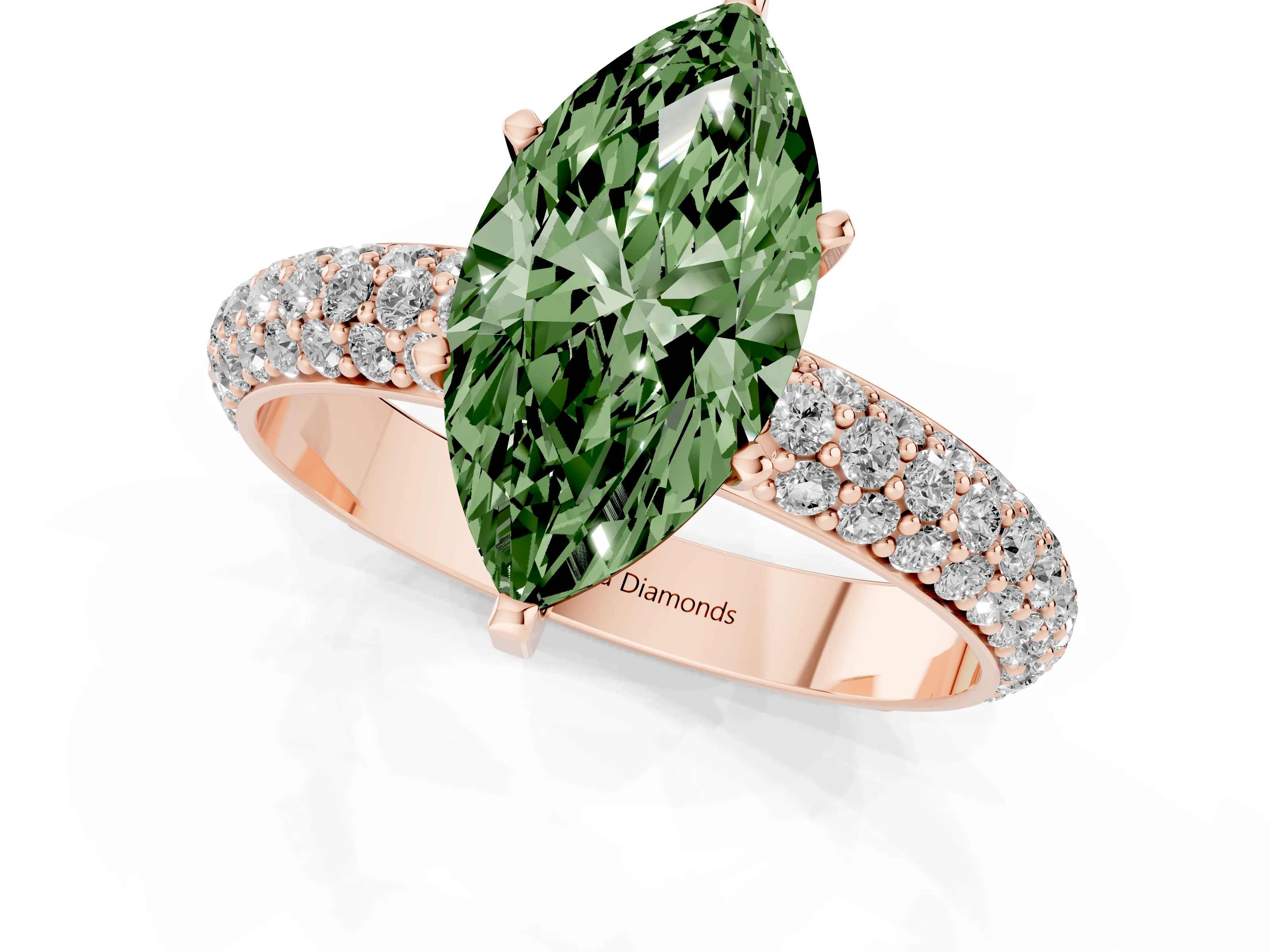Fancy Green Marquise Cut Diamond Solitaire Ring Set in Rose gold with Prong Setting and Pavé-Set Band