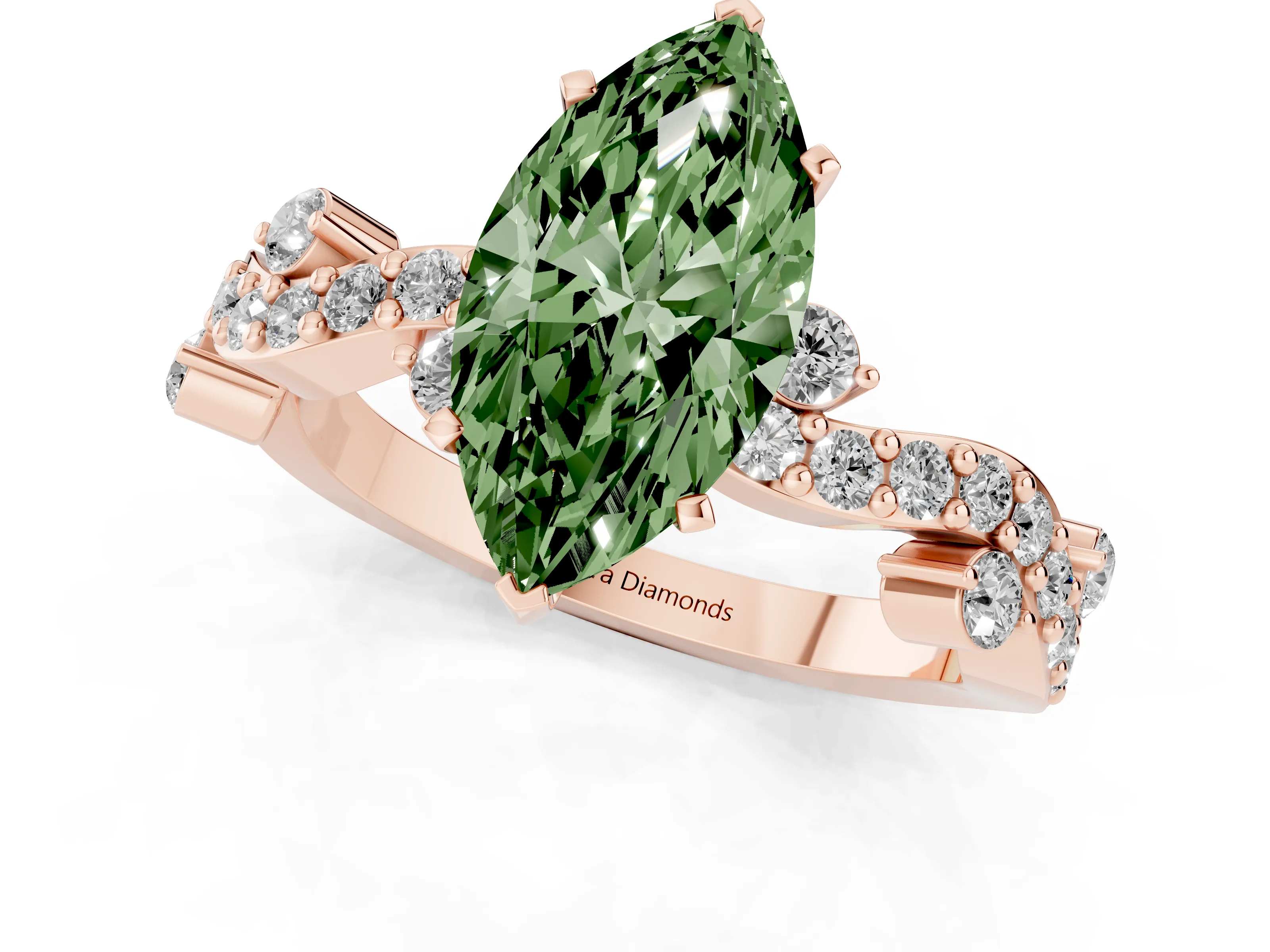 Fancy Green Marquise Cut Diamond Solitaire Twisted Band Set in Rose gold with Pavé Setting