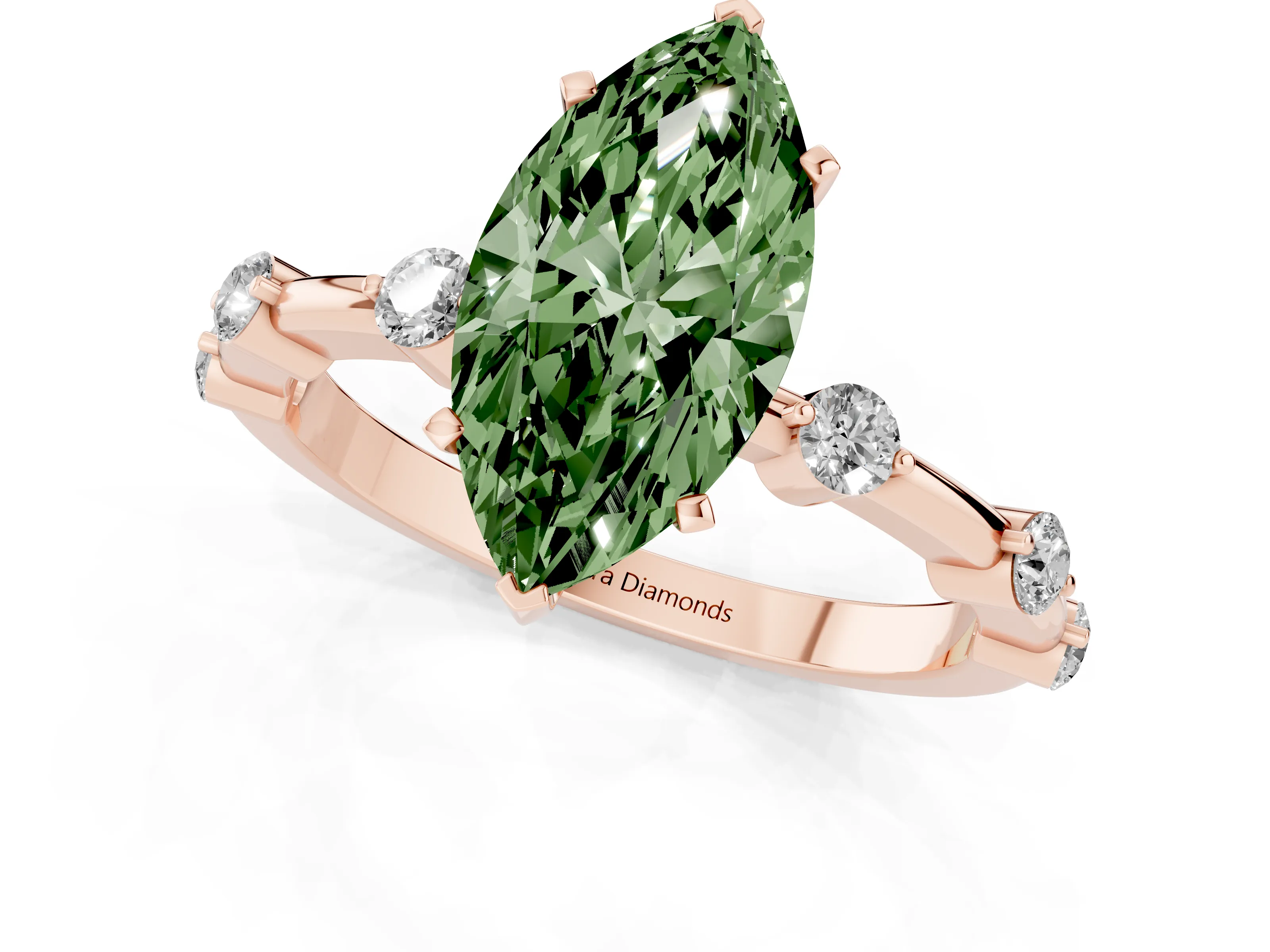 Fancy Green Marquise Cut Diamond Solitaire Ring Set in Rose gold with Bezel Set Side Stones and Prong Setting