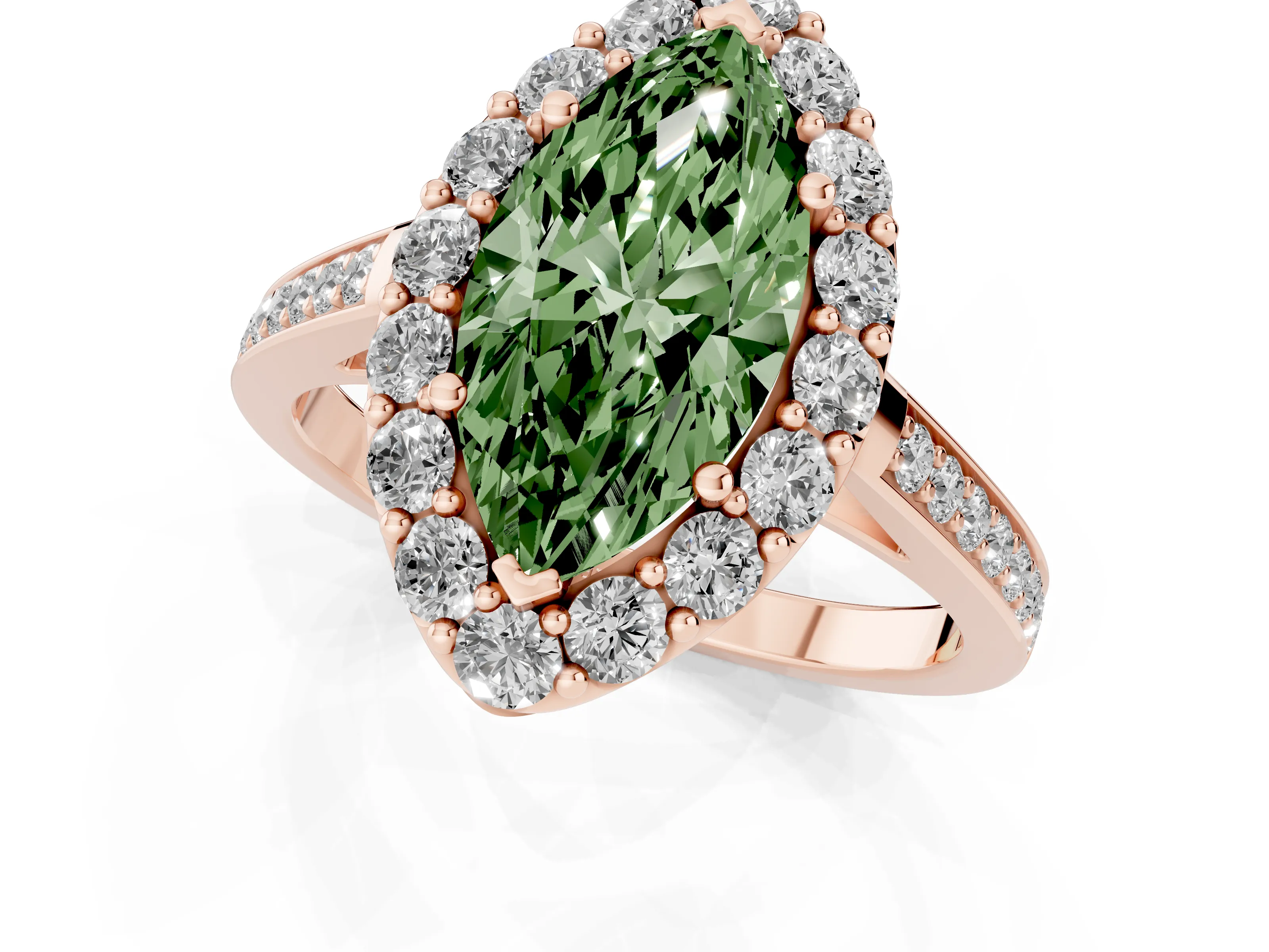 Fancy Green Marquise Cut Diamond Floral Halo Ring Set in Rose gold with Pavé Band and Prong Setting