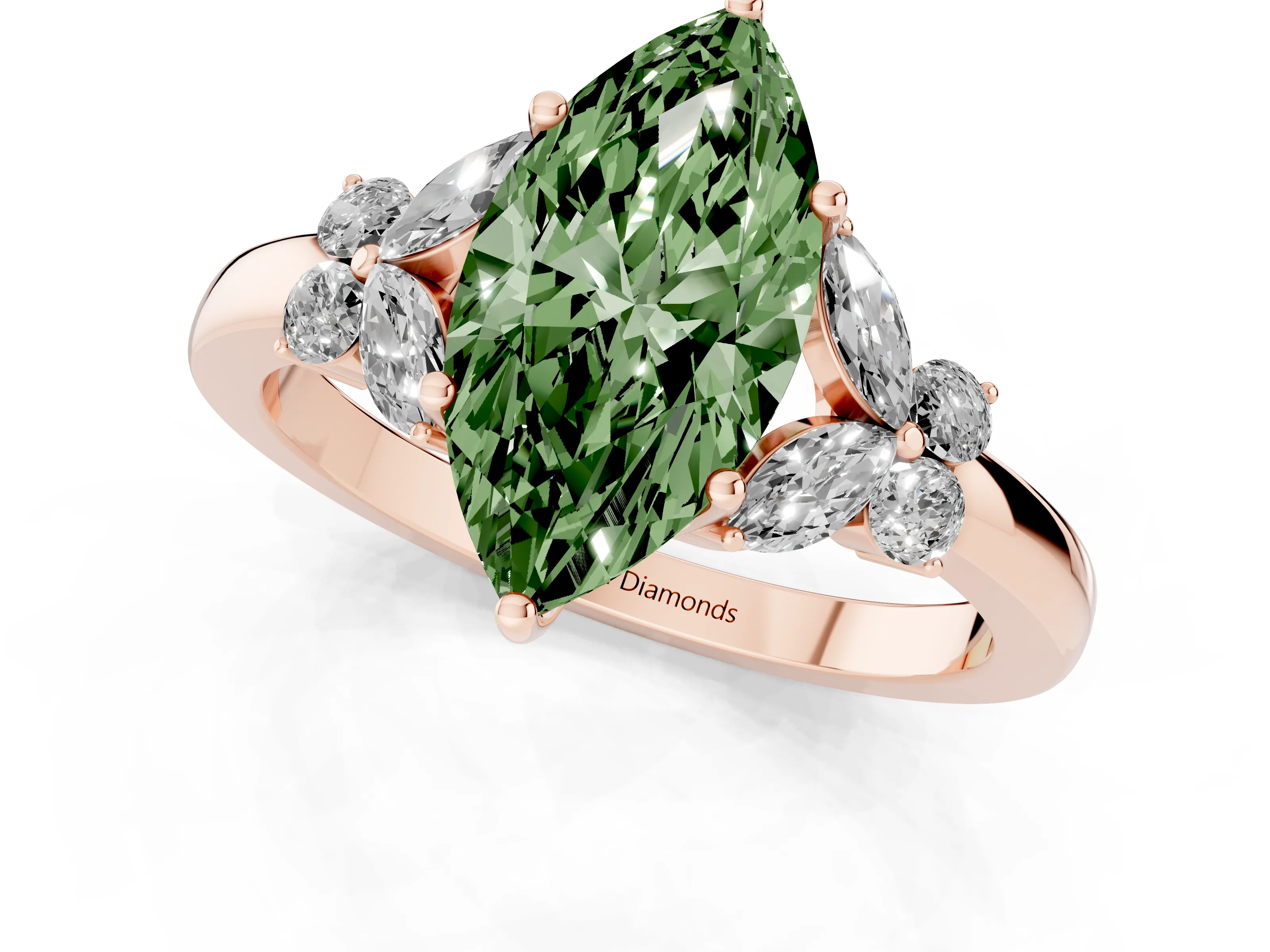 Fancy Green Marquise Cut Diamond Solitaire Floral Ring Set in Rose gold with Marquise Petals and Prong Setting