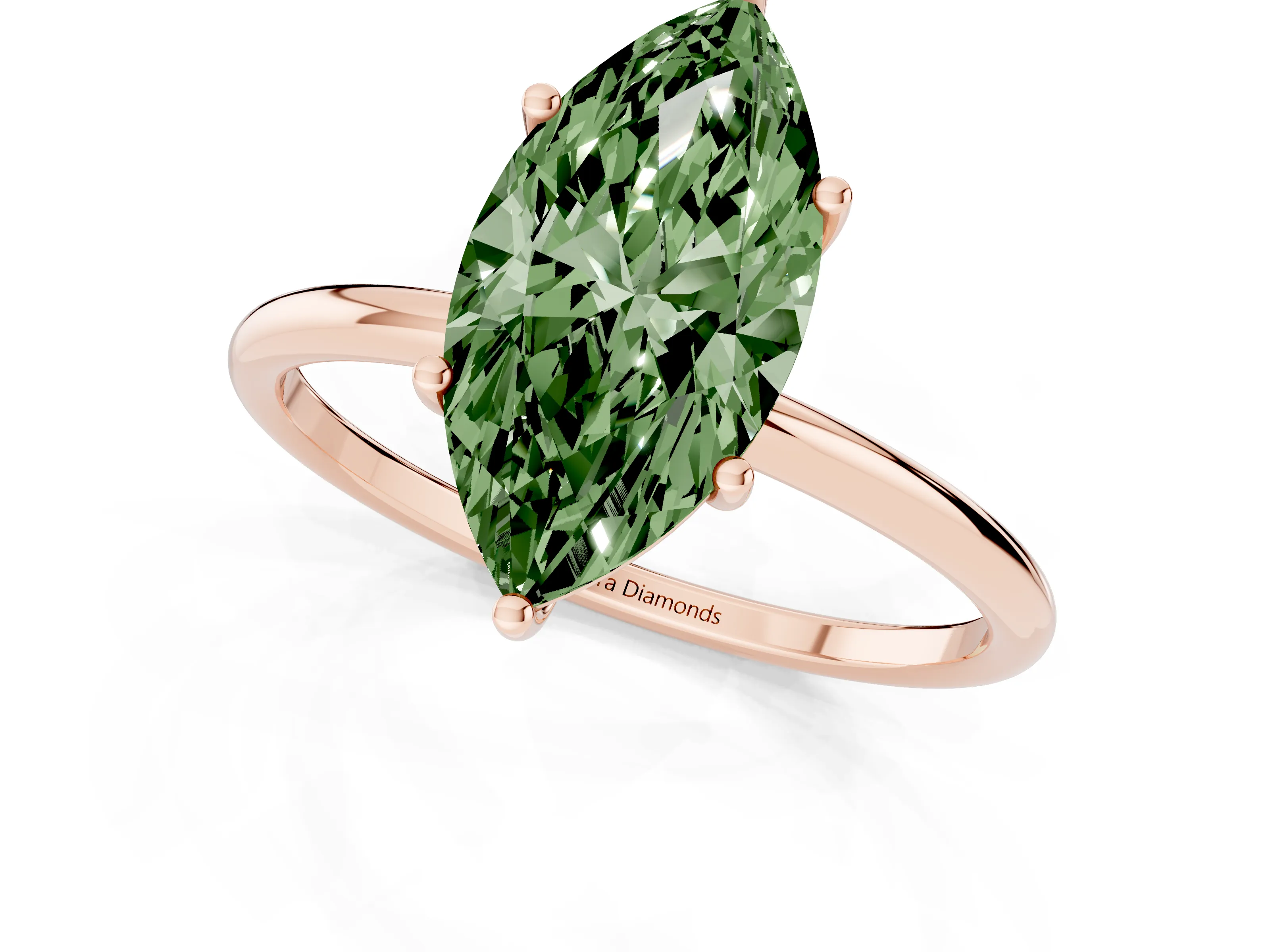 Fancy Green Marquise Cut Diamond Solitaire Engagement Ring Set in Rose gold with Thin Band and Prong Setting