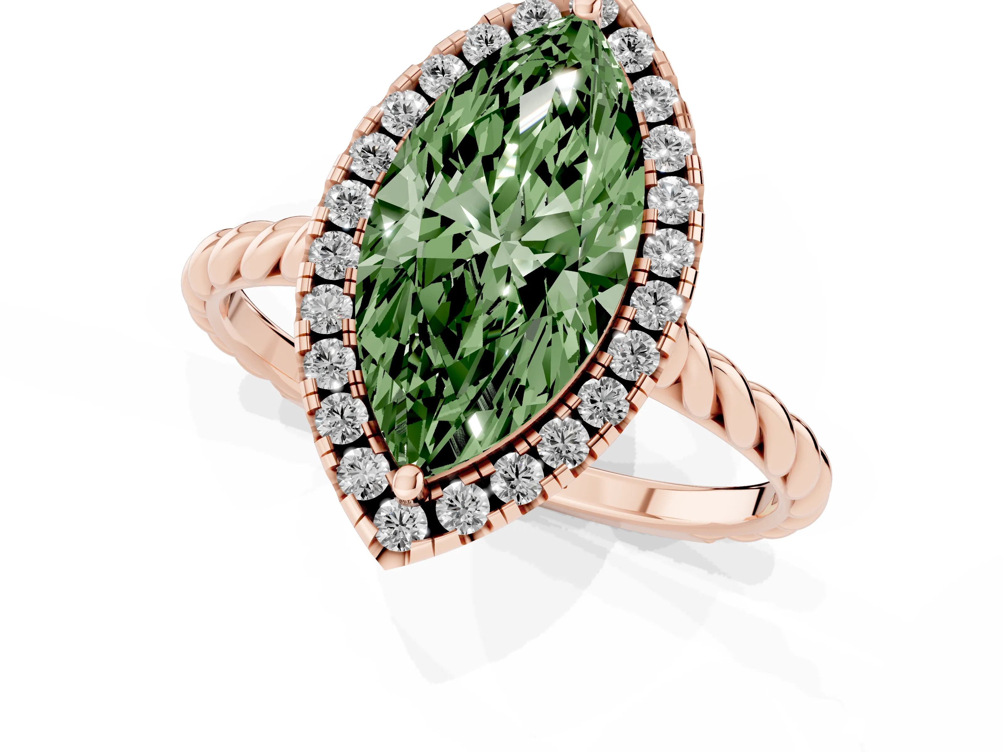 Fancy Green Marquise Cut Diamond Halo Ring Set in Rose gold with Plain Twisted Band