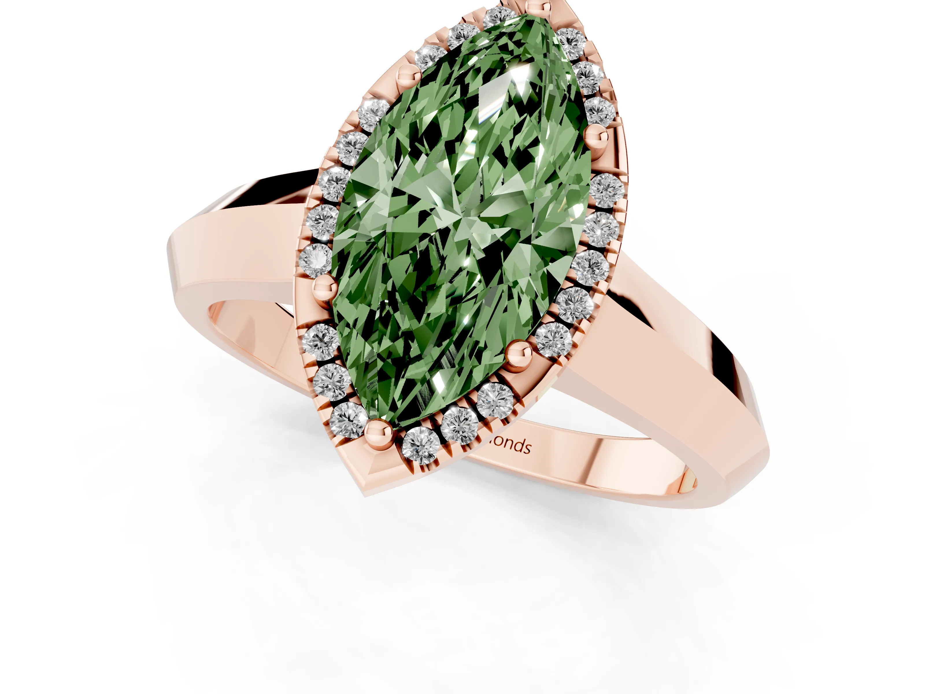 Fancy Green Marquise Cut Diamond Halo Ring Set in Rose gold with Cathedral Band and Prong Setting
