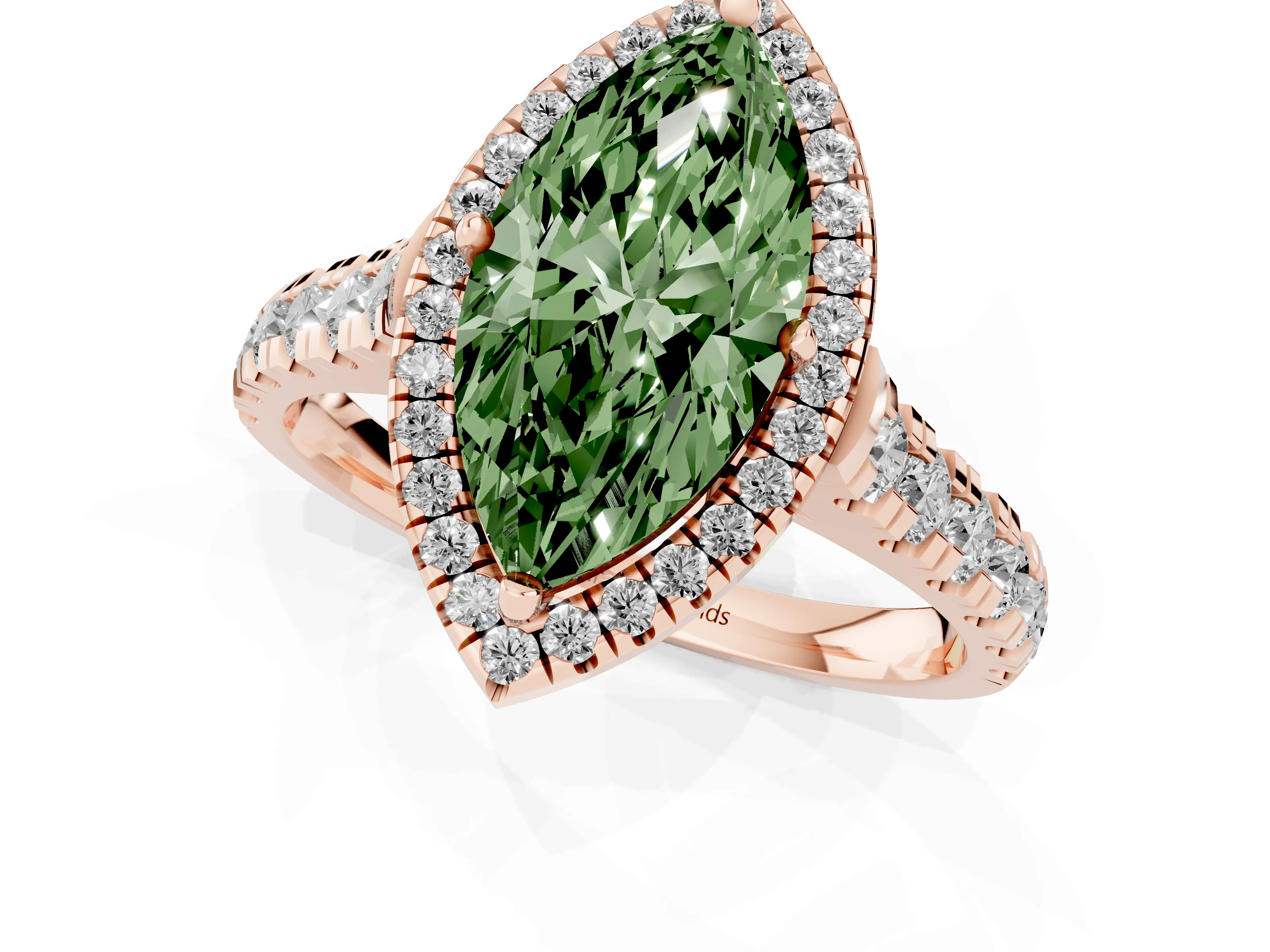 Fancy Green Marquise Cut Diamond Halo Engagement Ring Set in Rose gold with Pavé Band and Prong-Set Center