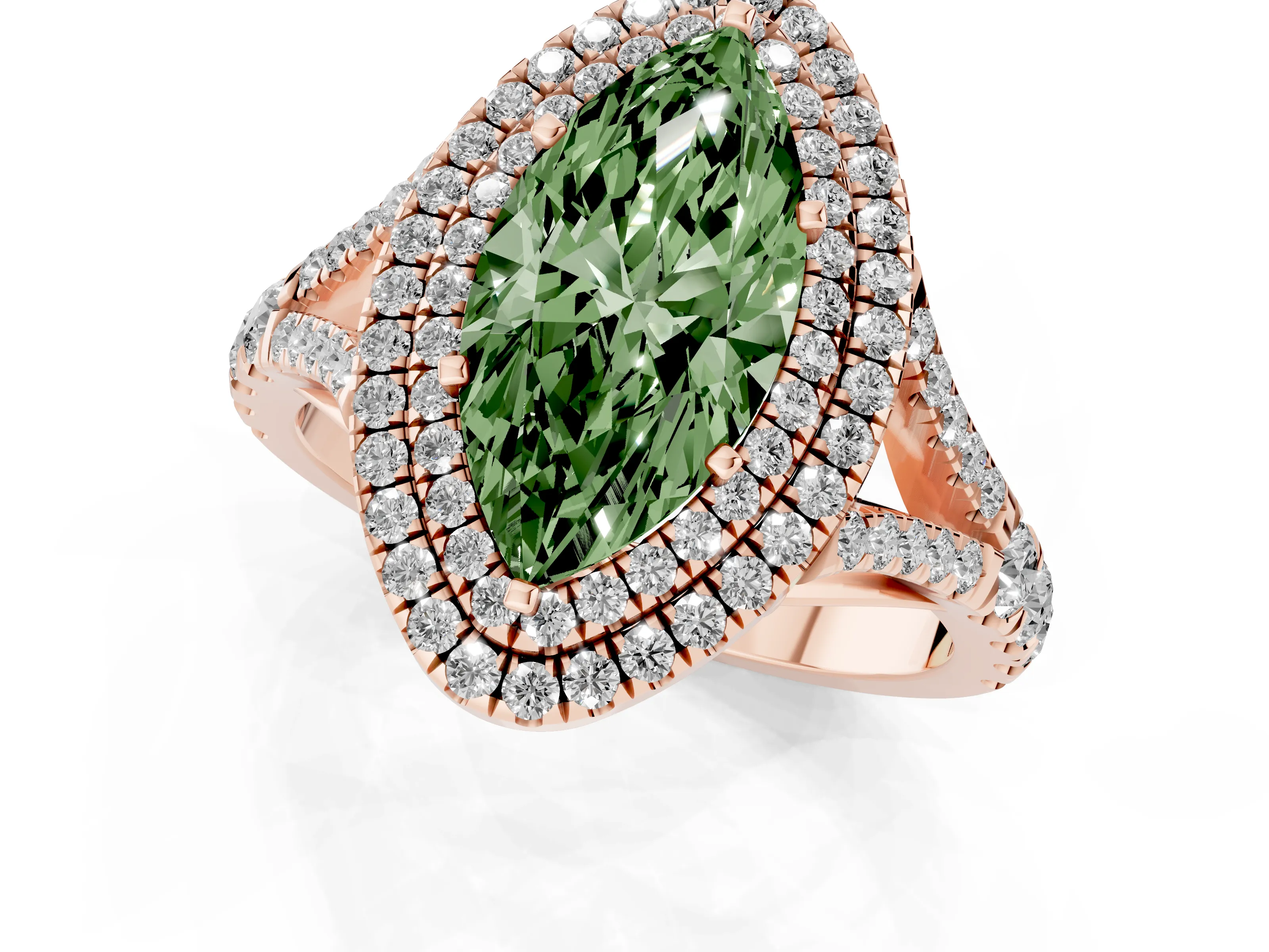 Fancy Green Marquise Cut Diamond Pavé Split Shank Double Halo Engagement Ring Set in Rose gold