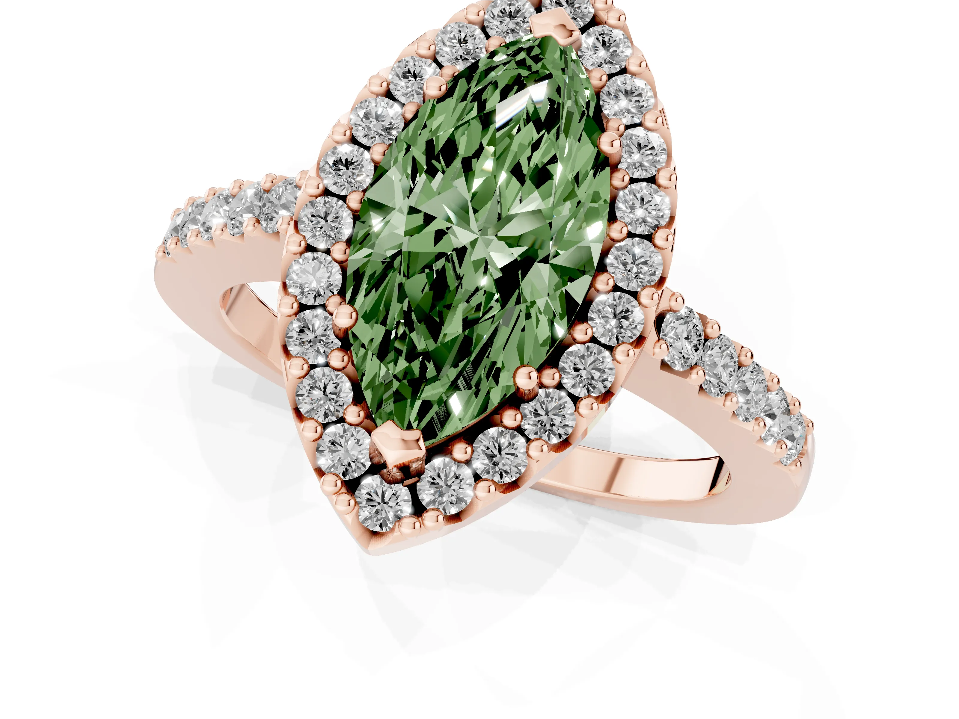Fancy Green Marquise Cut Diamond Halo Pavé Solitaire Ring Set in Rose gold with Prong-Set Center Stone