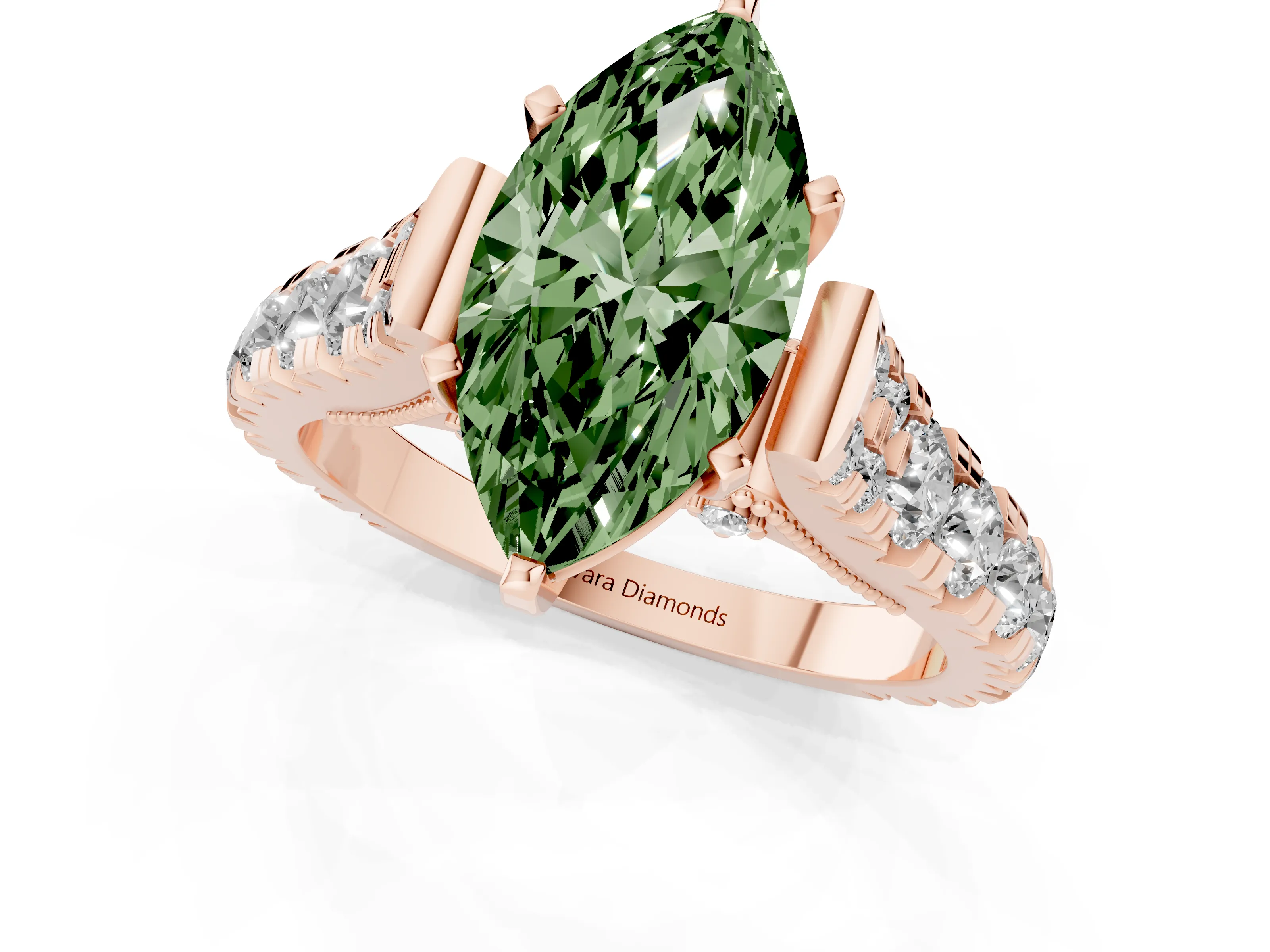 Fancy Green Marquise Cut Diamond Classic Solitaire Ring Set in Rose gold with Pavé Band and Prong Setting
