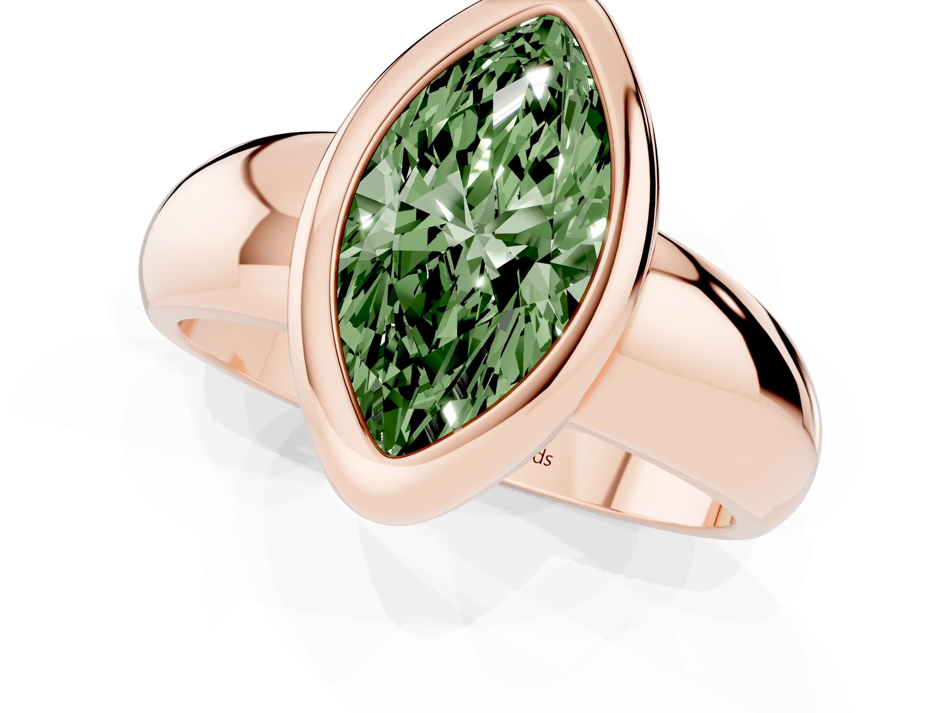 Fancy Green Bezel Set Marquise Cut Diamond Solitaire Ring Set in Rose gold with Wide Band