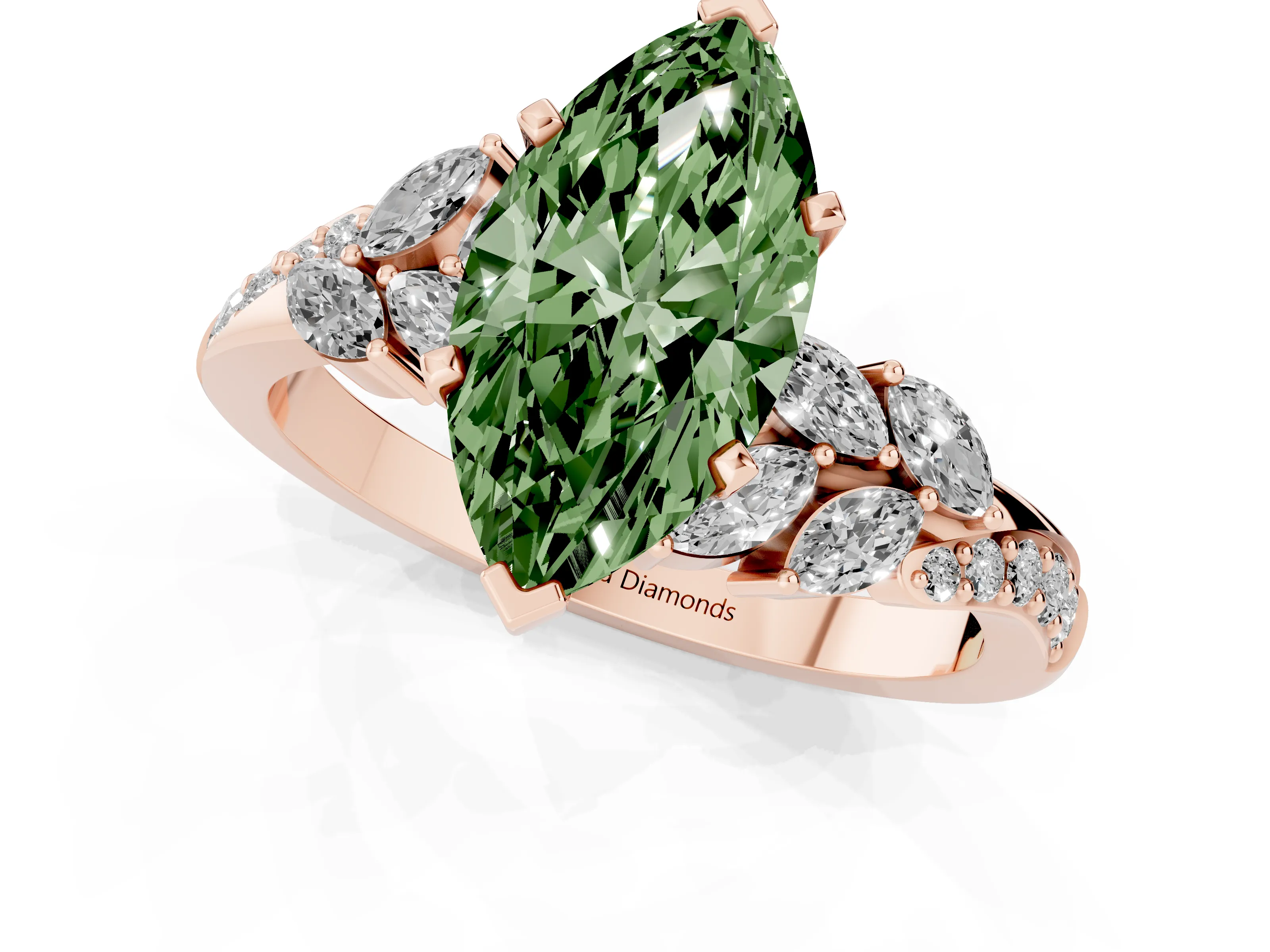 Fancy Green Marquise Cut Diamond Solitaire Ring Set in Rose gold with Marquise Twist Band and Prong Setting