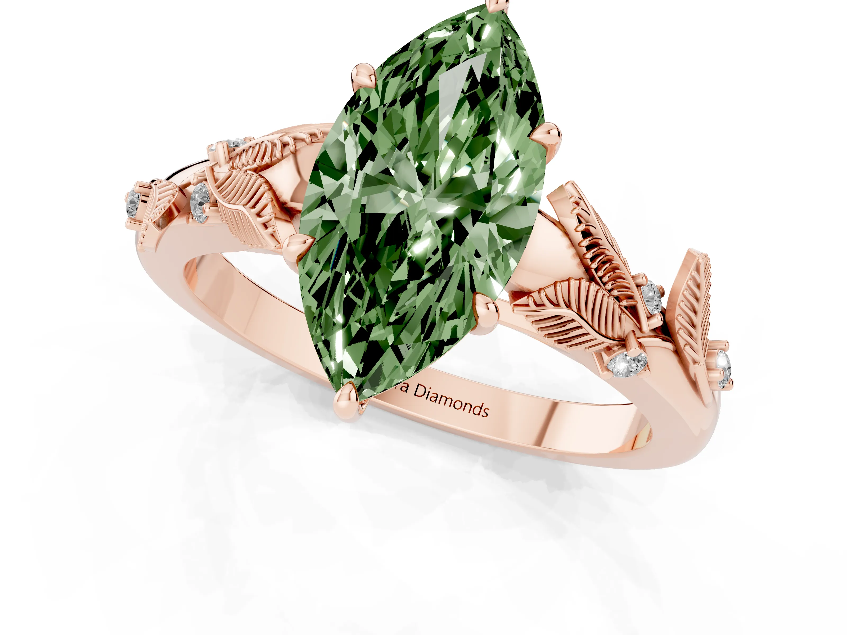 Fancy Green Marquise Cut Diamond Solitaire Ring Set in Rose gold with Leaf Motif Band