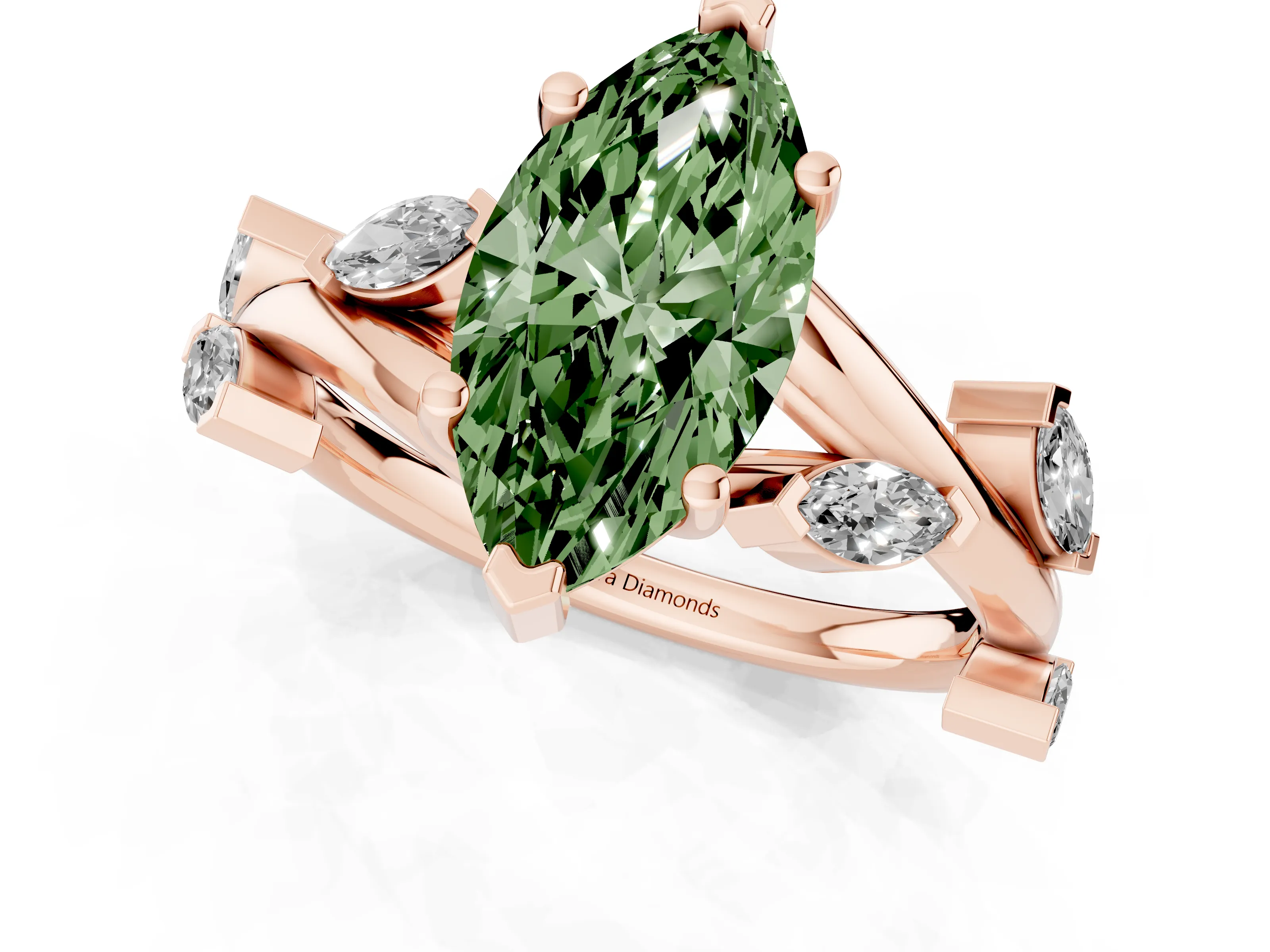 Fancy Green Marquise Cut Diamond Solitaire Ring Set in Rose gold with Twisted Marquise Accent Band