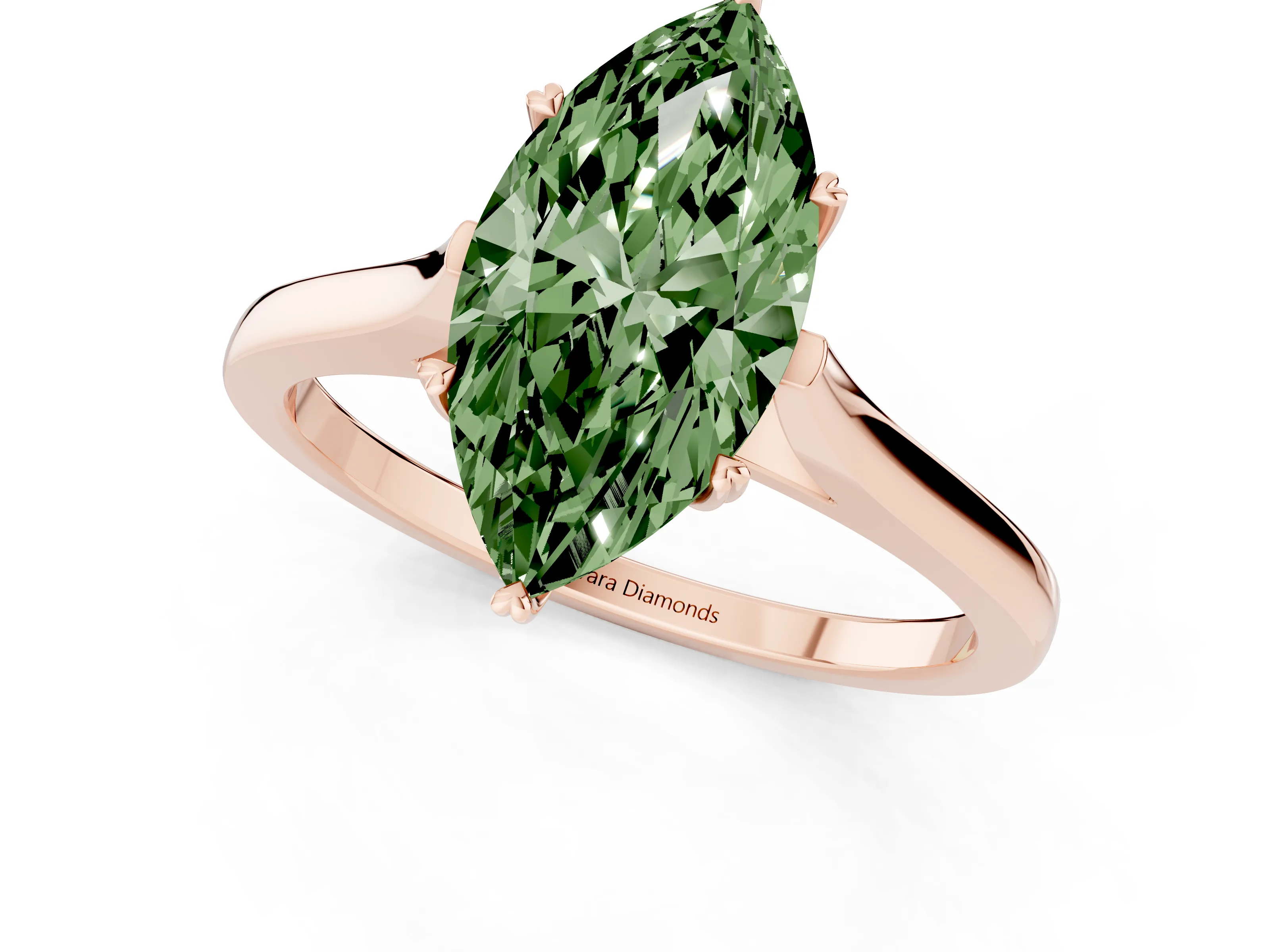 Fancy Green Marquise Cut Diamond Solitaire Heart Prong Engagement Ring Set in Rose gold with Tapered Band