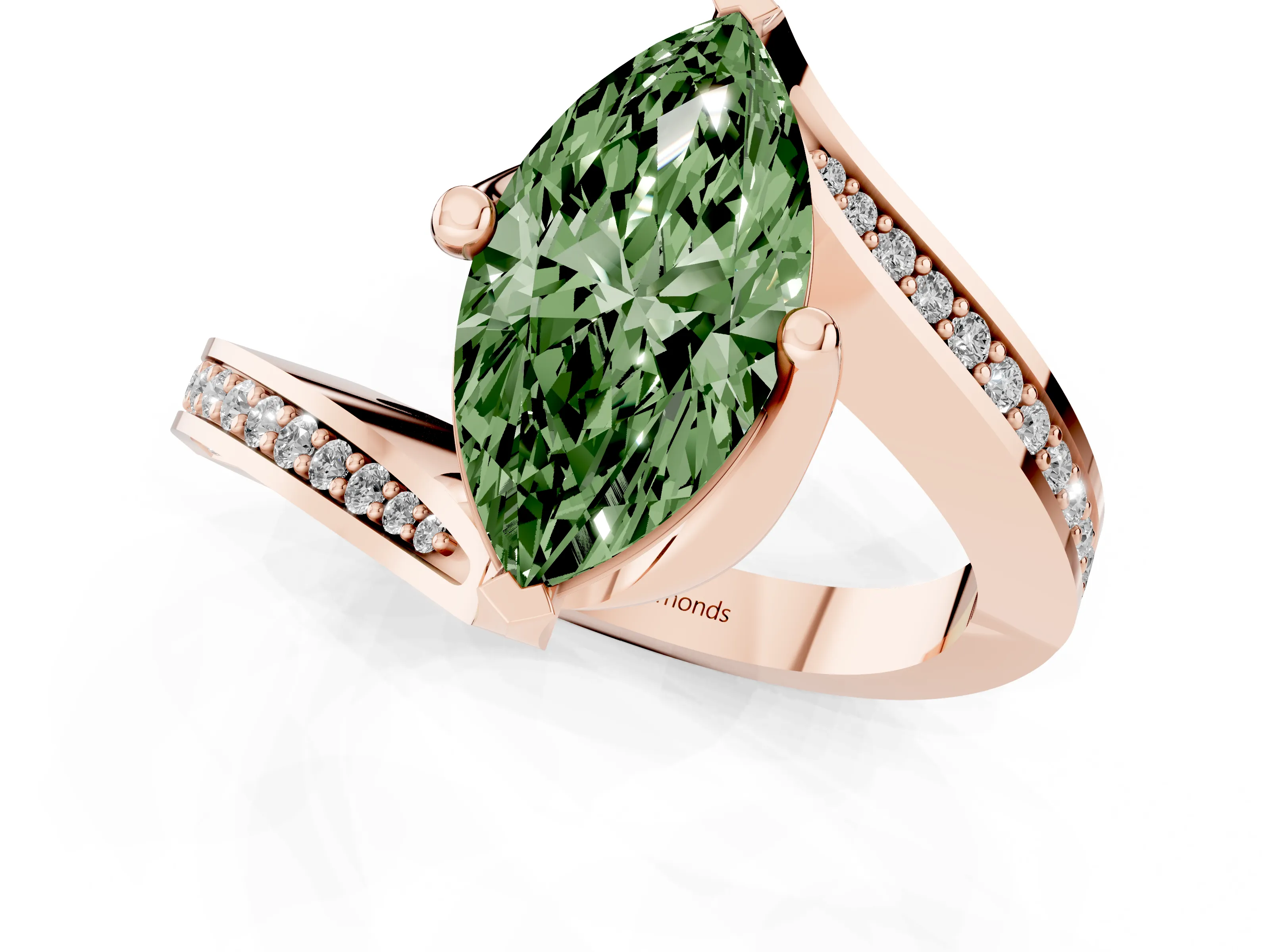 Fancy Green Marquise Cut Diamond Solitaire Ring Set in Rose gold with Intertwined Pavé Twist Band
