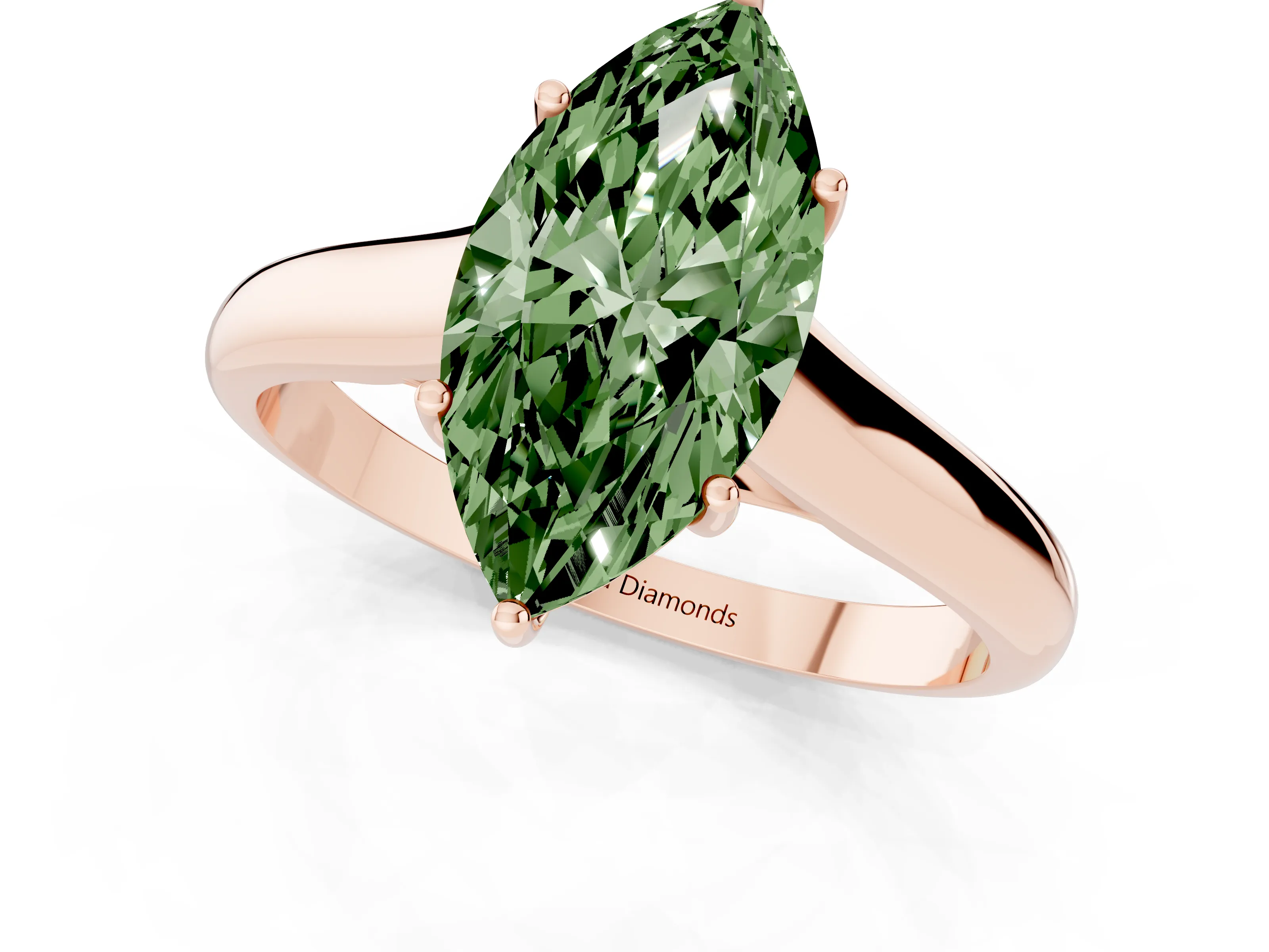 Fancy Green Marquise Cut Diamond Solitaire Engagement Ring Set in Rose gold with Subtly Tapered Band and Prong Setting