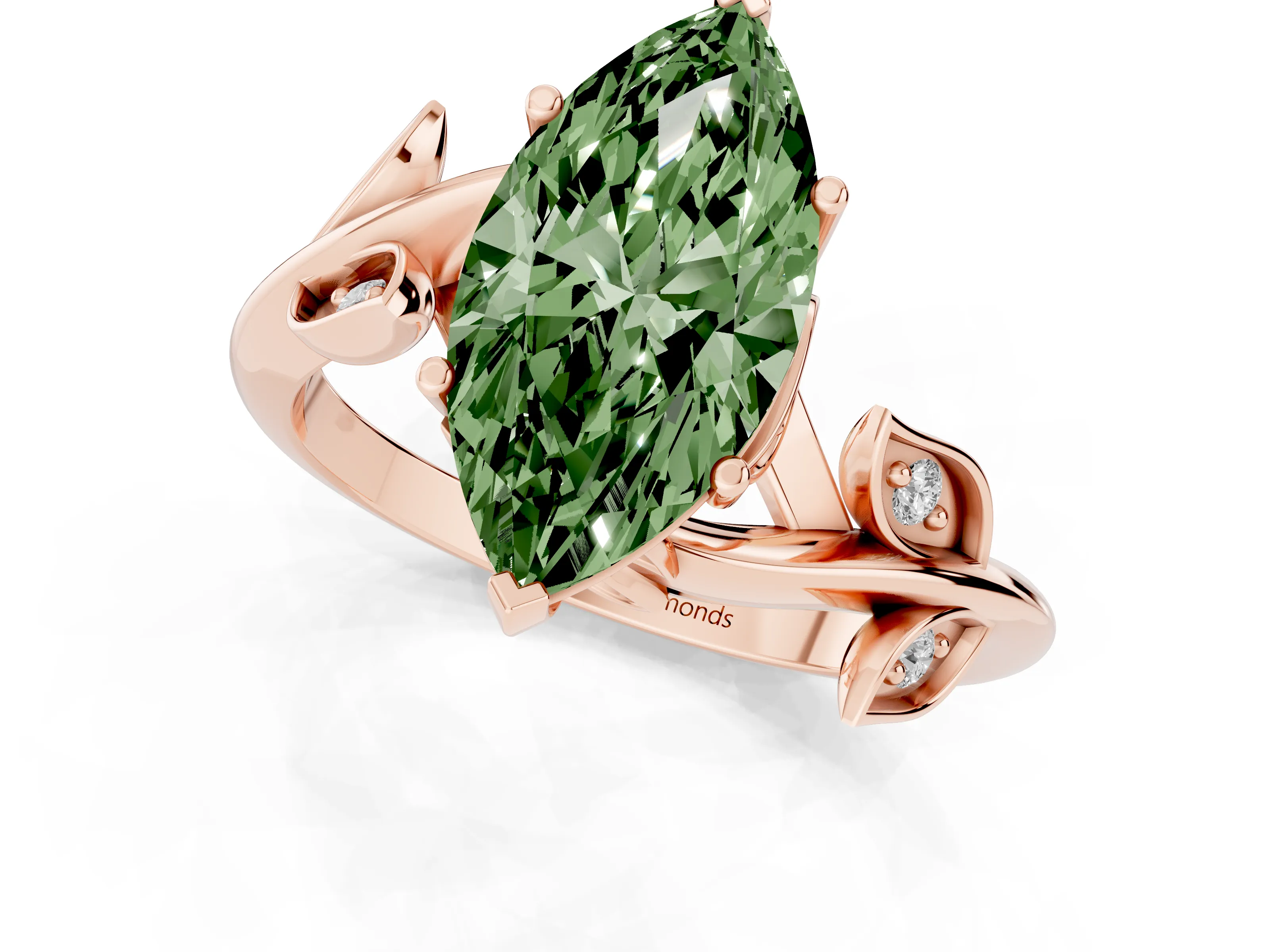 Fancy Green Marquise Cut Diamond Solitaire Twist Engagement Ring Set in Rose gold with Pavé Leaf Accents