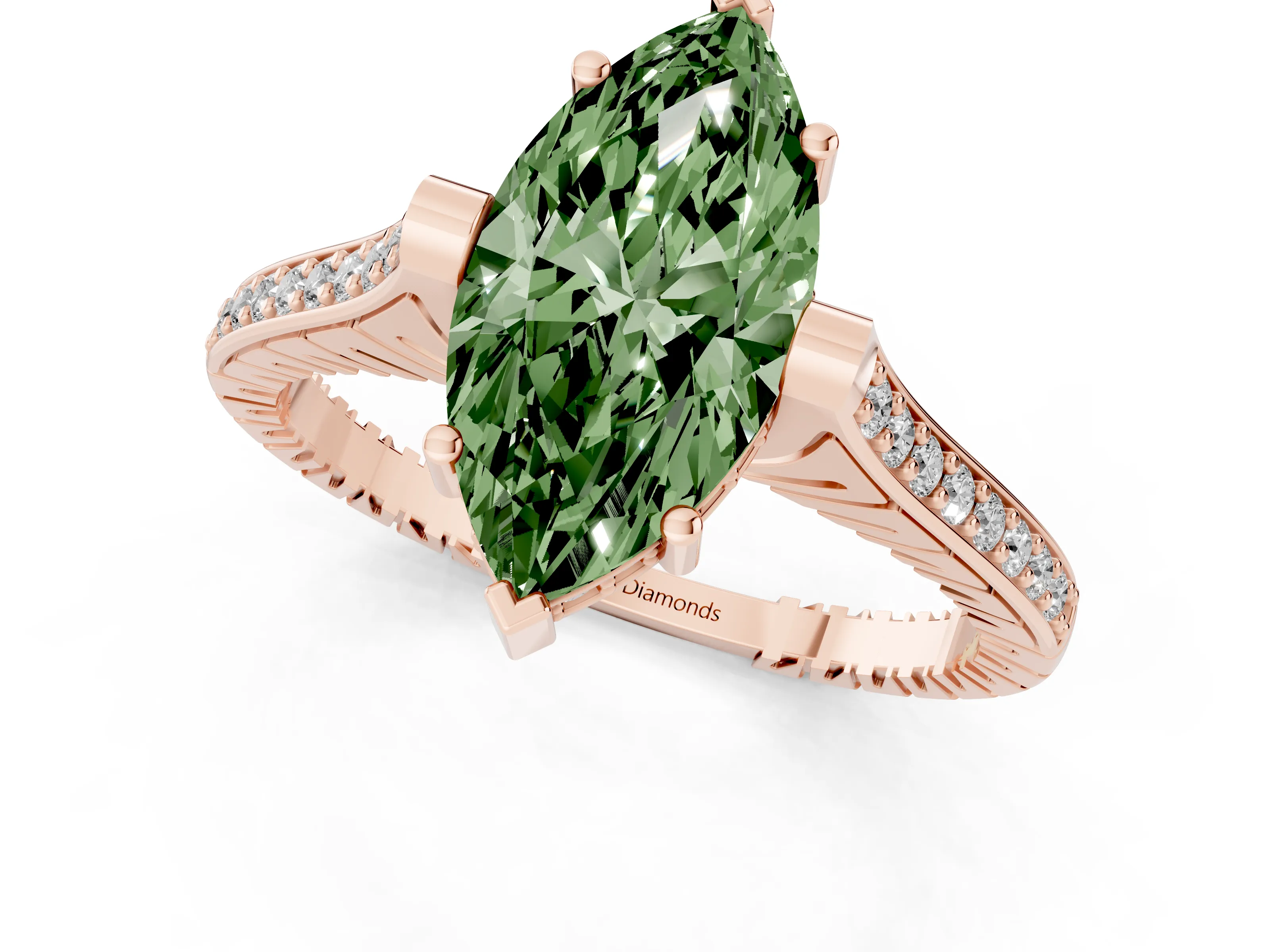 Fancy Green Marquise Cut Diamond Solitaire Ring Set in Rose gold with Channel Set Band and Bezel Prong Setting – second view