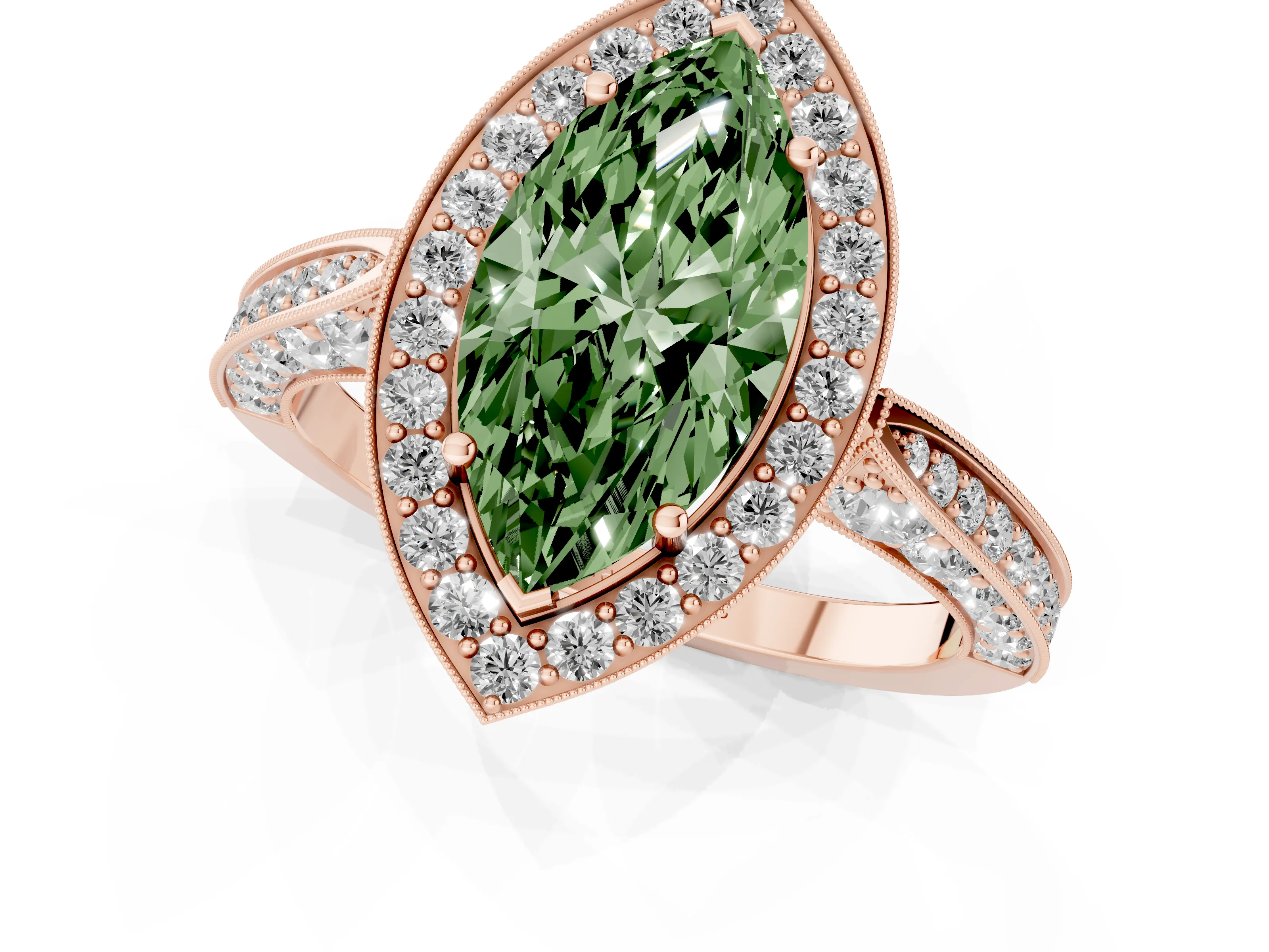 Fancy Green Marquise Cut Diamond Halo Engagement Ring Set in Rose gold with Accent Split Shank Band