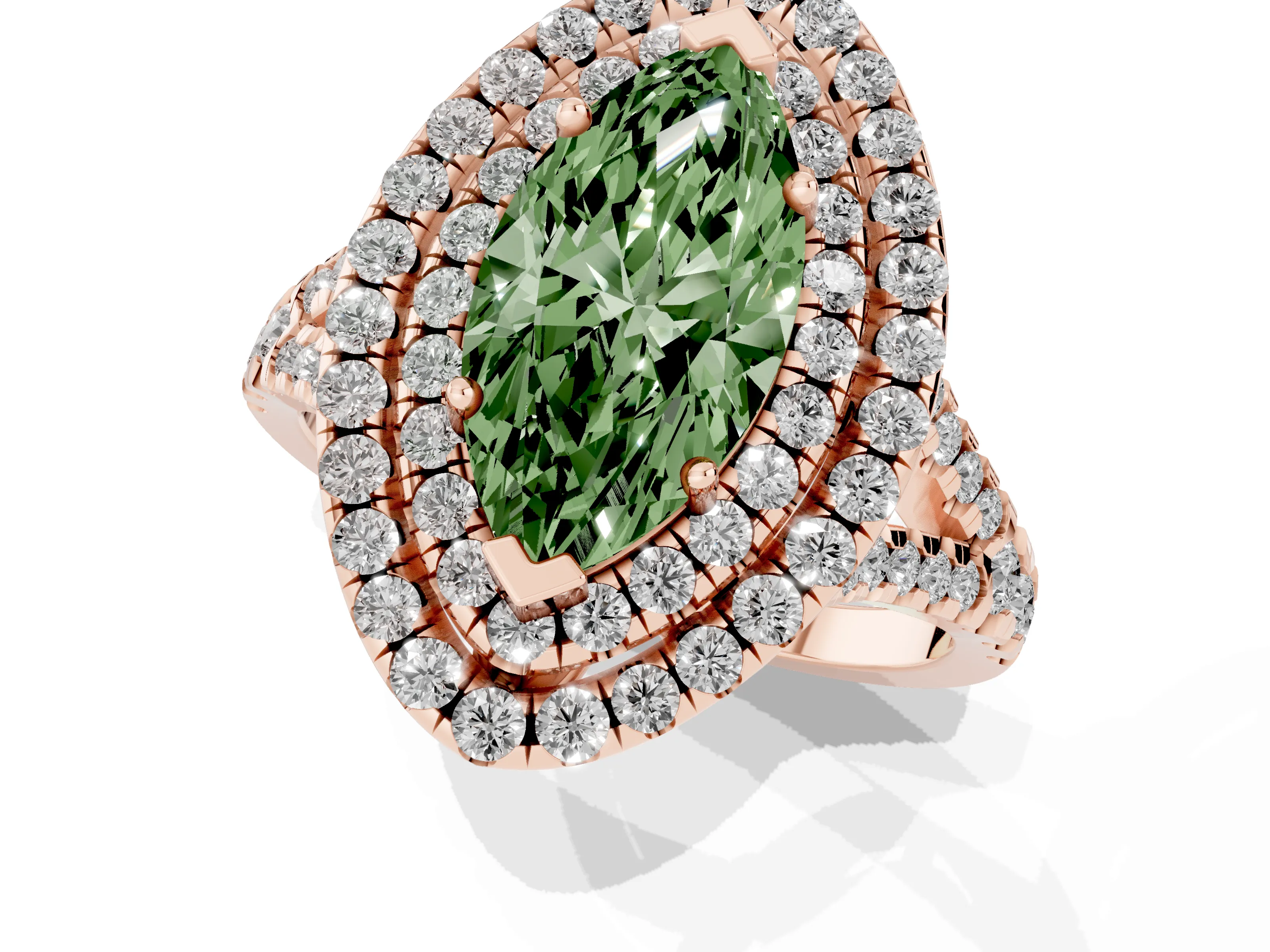 Fancy Green Marquise Cut Diamond Double Halo Ring Set in Rose gold with Pavé Split Shank and Prong Setting