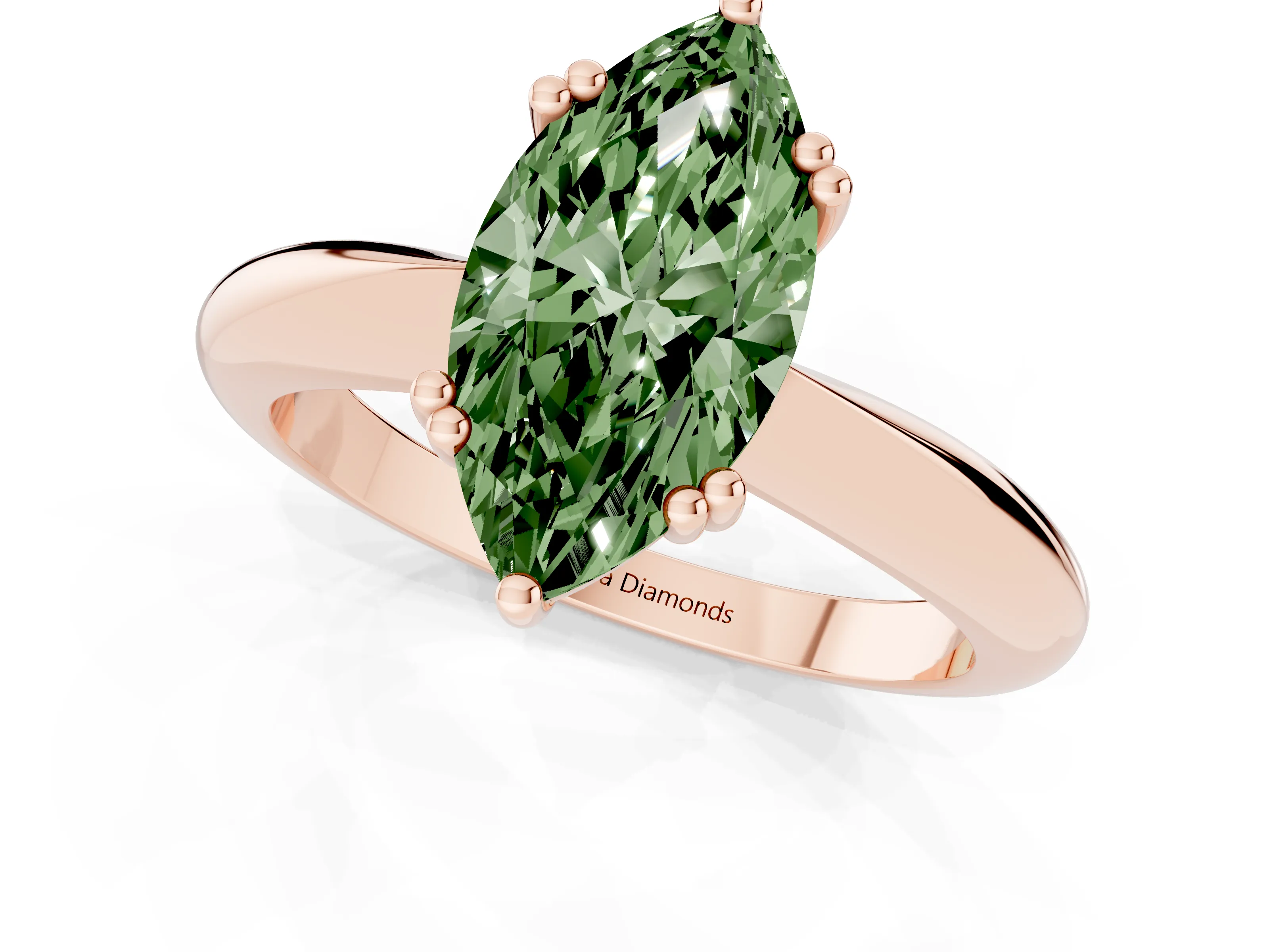 Fancy Green Marquise Cut Diamond Solitaire Engagement Ring Set in Rose gold with Tapered Band and Prong Setting
