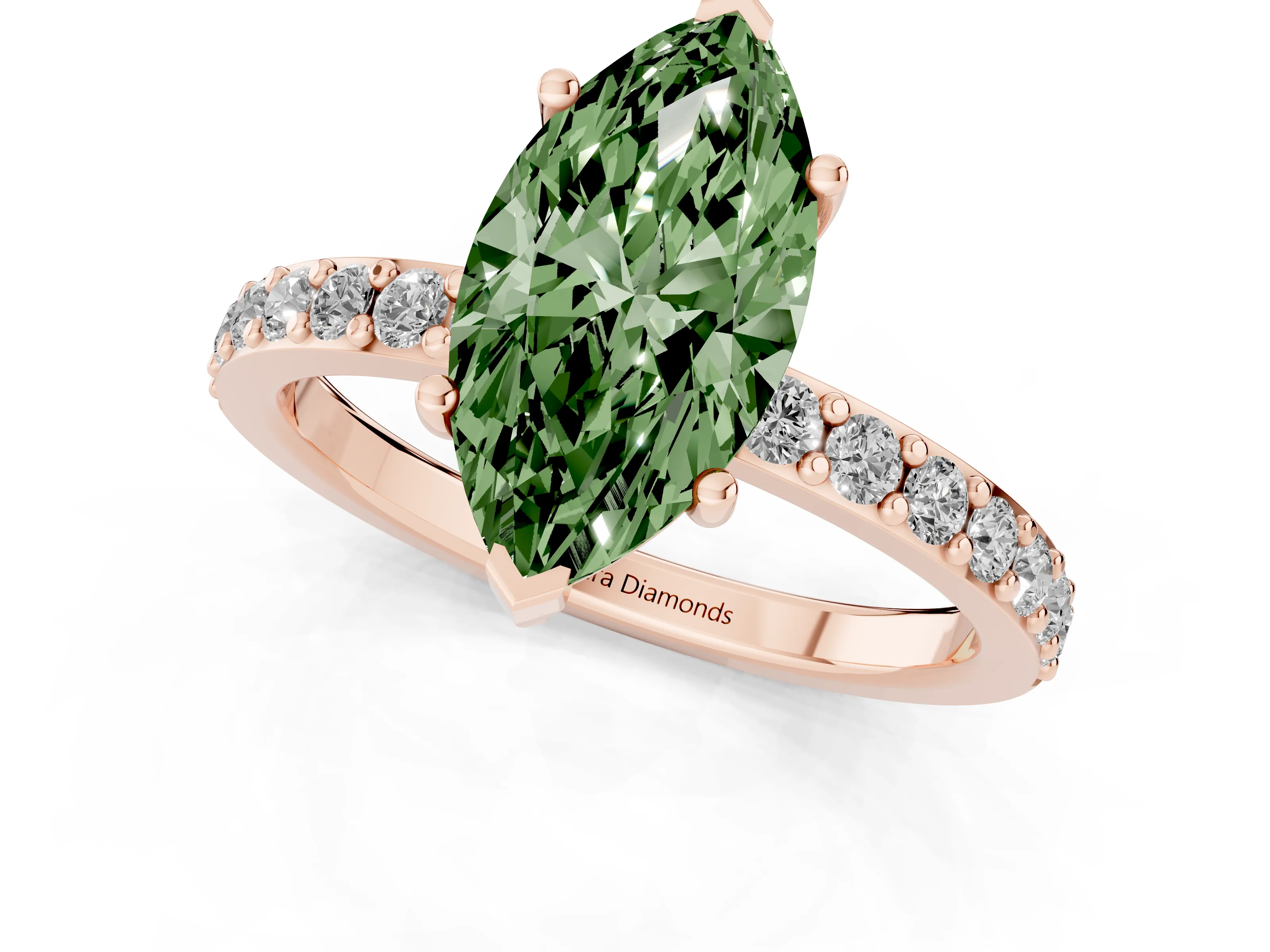 Fancy Green Marquise Cut Diamond Solitaire Set in Rose gold with Round Pavé Band and Prong Setting