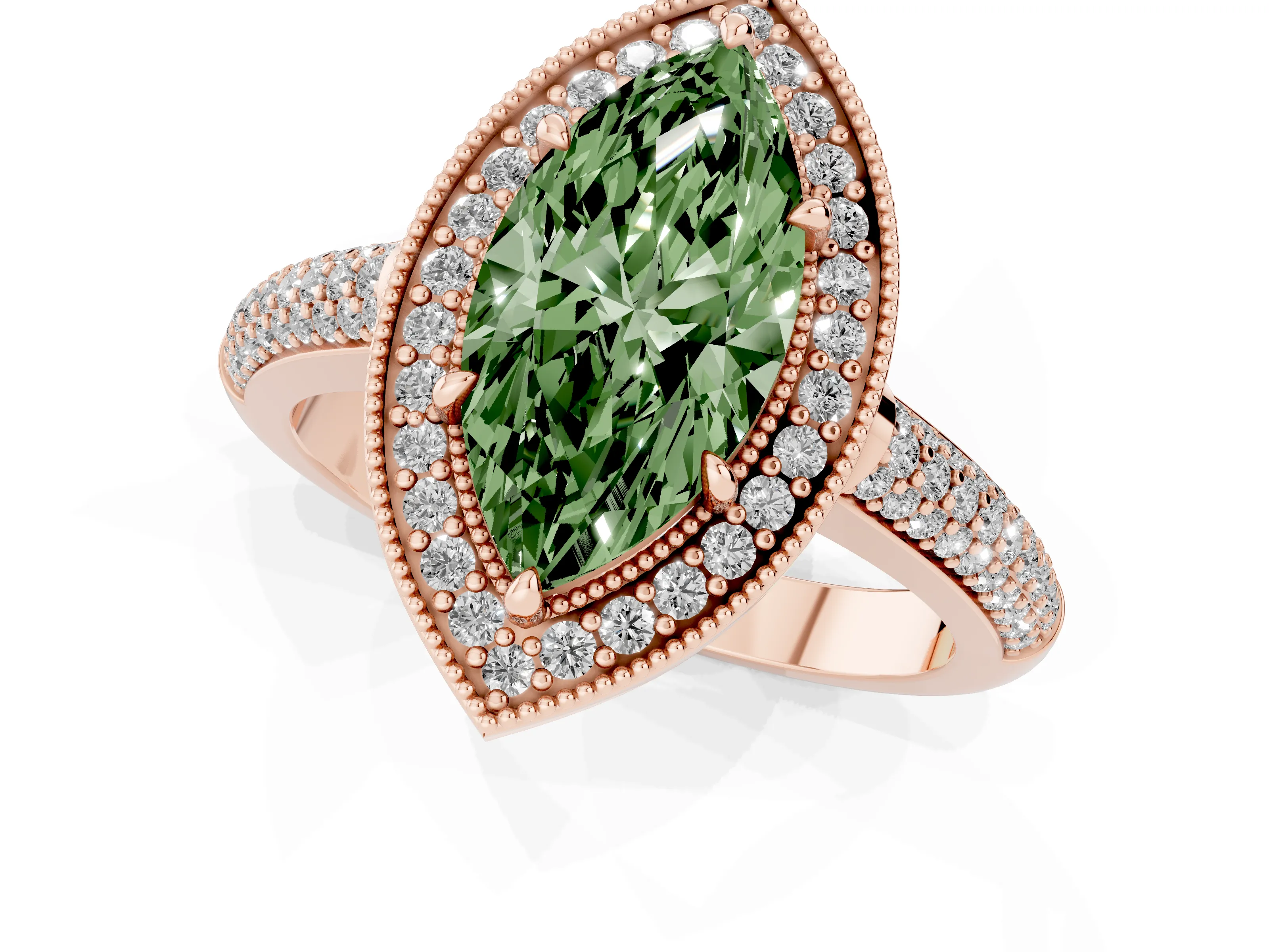 Fancy Green Marquise Cut Diamond Halo Pavé Band Set in Rose gold with Prong Setting