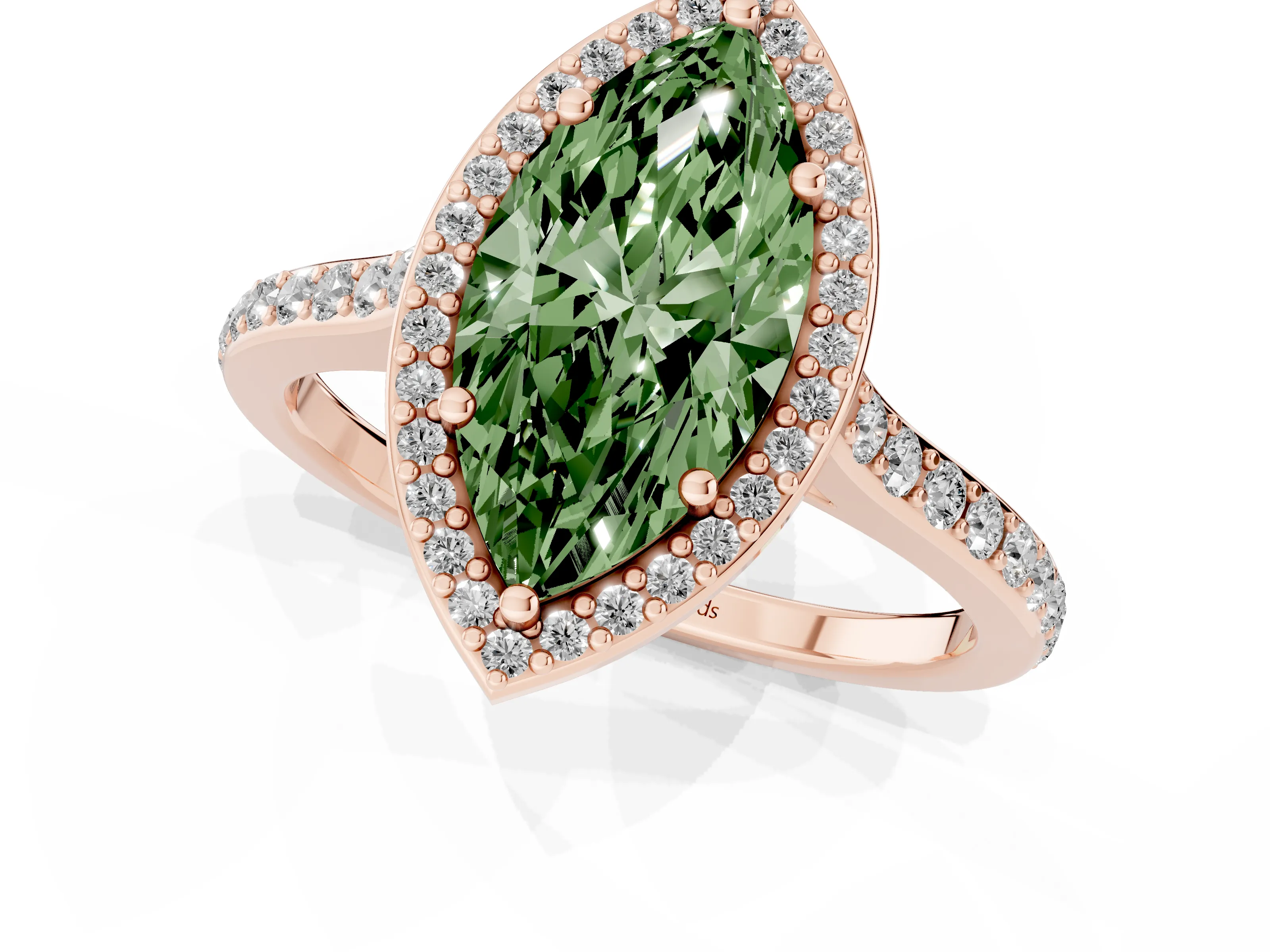 Fancy Green Marquise Cut Diamond Halo Engagement Ring Set in Rose gold with Round Pavé Shoulders and Heart Gallery