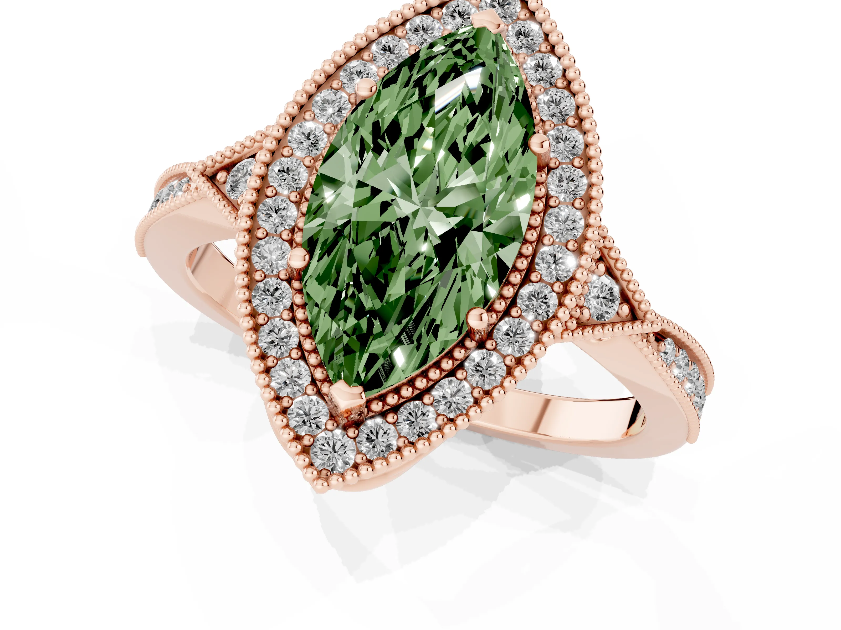 Fancy Green Marquise Cut Diamond Halo Engagement Ring Set in Rose gold with Milgrain Pavé Band
