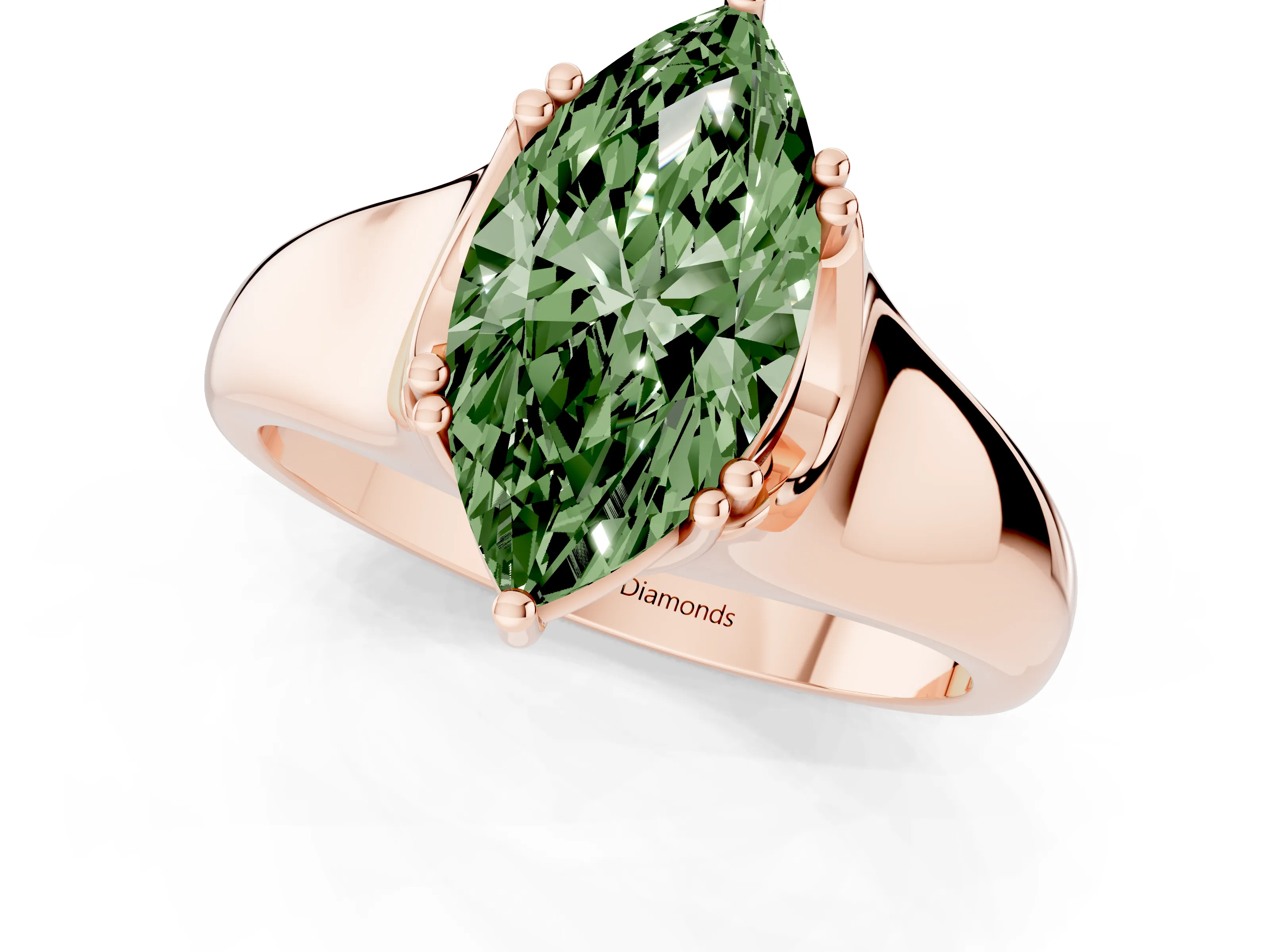 Fancy Green Marquise Cut Diamond Solitaire Ring Set in Rose gold with Wide Band and Prong Setting